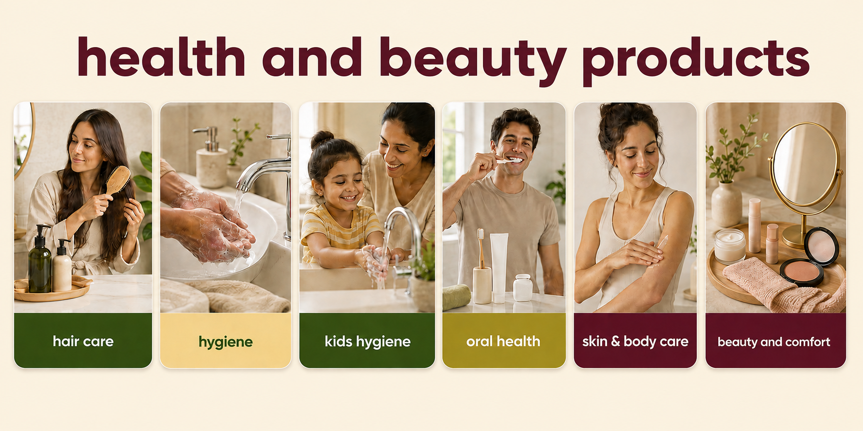 A banner displaying six sections of health and beauty products and activities, including hair care, hygiene, kids hygiene, oral health, skin and body care, and beauty and comfort, with images representing each category.