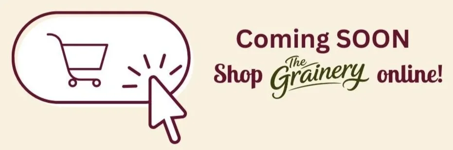 Announcement for upcoming online shop called 'The Grainery' with a shopping cart icon and a cursor clicking on it.