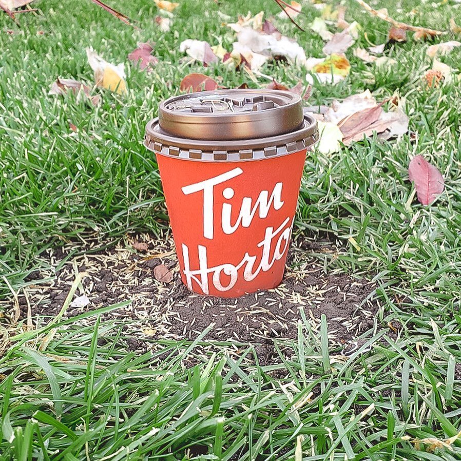 How to replace a sprinkler head and keep it lookin&rsquo; clean ✨ using a @timhortons coffee cup: 

1. Dig up broken head 

2. Cover head with Tim Horton's cup to keep clean, apply soil and seed to area. 

3. Brand new head is clean and ready to go! 