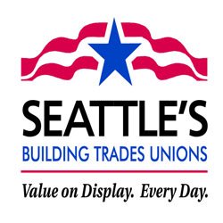 Seattle's Building Trades Unions logo with patriotic red and white stripes, a blue star, and slogan 'Value on Display. Every Day.'