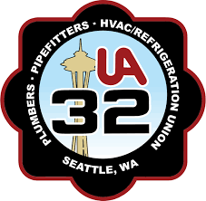 Logo for UA 32, an organization related to plumbers, HVAC, and refrigeration union in Seattle, Washington, featuring an outline of the Space Needle.