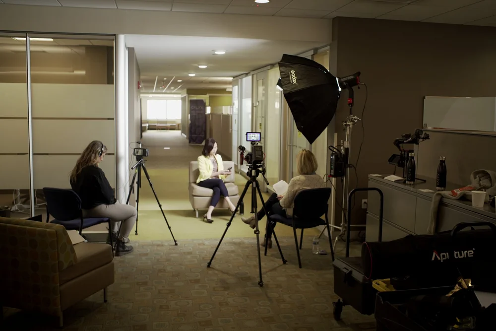 Full production interview setup with professional lighting at Calyx Billerica office