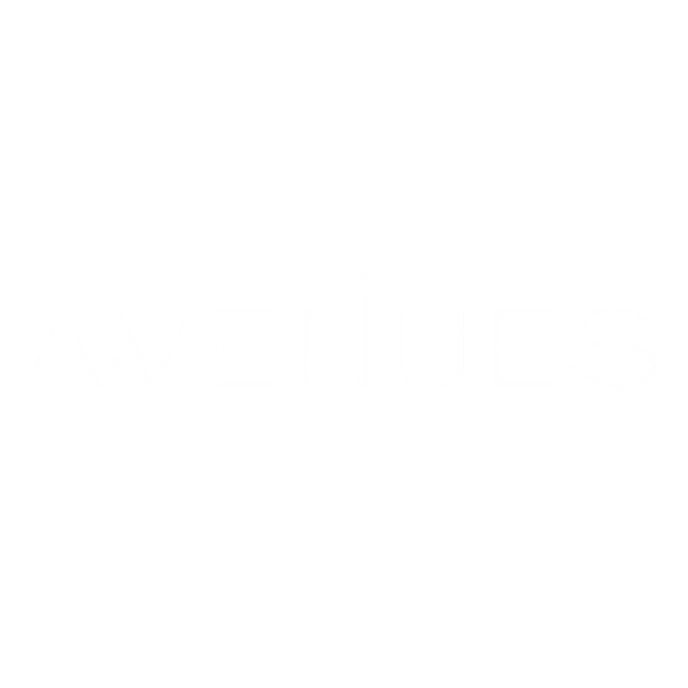 The word 'AVENUES' written in white capital letters on a black background, with the letter 'V' stylized as an upward arrow.