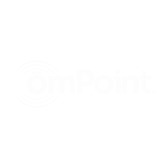 Logo of OmPoint with a circular design around the letter 'O' and the company name in bold white letters on a black background.