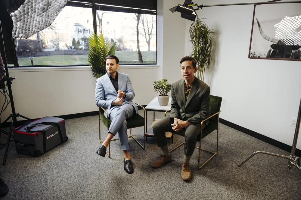 Behind-the-scenes interview setup with Dr. Andy Cruz and Dr. Nima Jahanforouz during the Guidelight Health video production