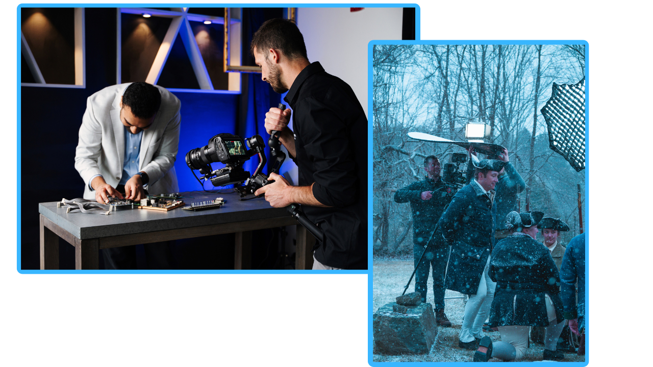 Two men working on a computer and filming a scene with professional camera equipment on a set, and a group of people in period costumes filming outdoors in the snow with a film crew and camera equipment.