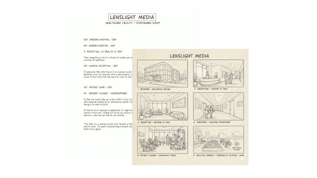 Storyboard sketches showing the exterior, reception area, patient lounge, corridor, and rooftop garden of a healthcare facility, labeled with descriptions.