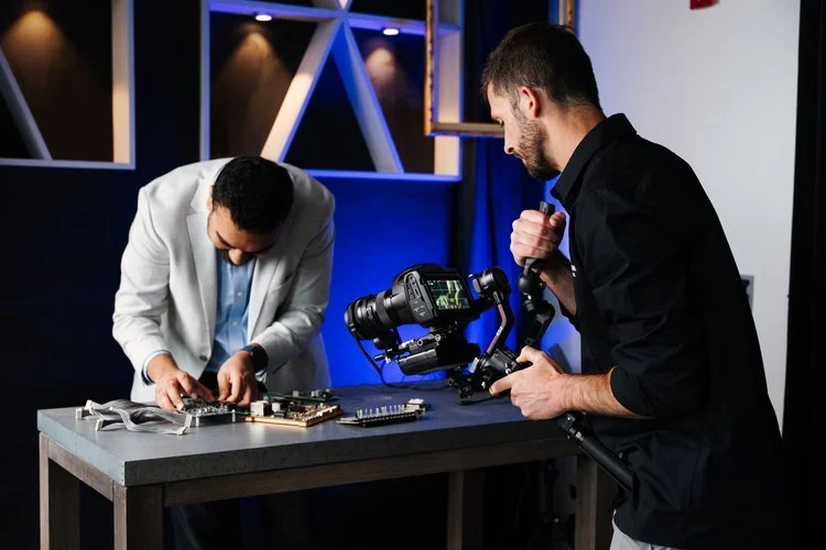 Lenslight crew on set — interview setup with client