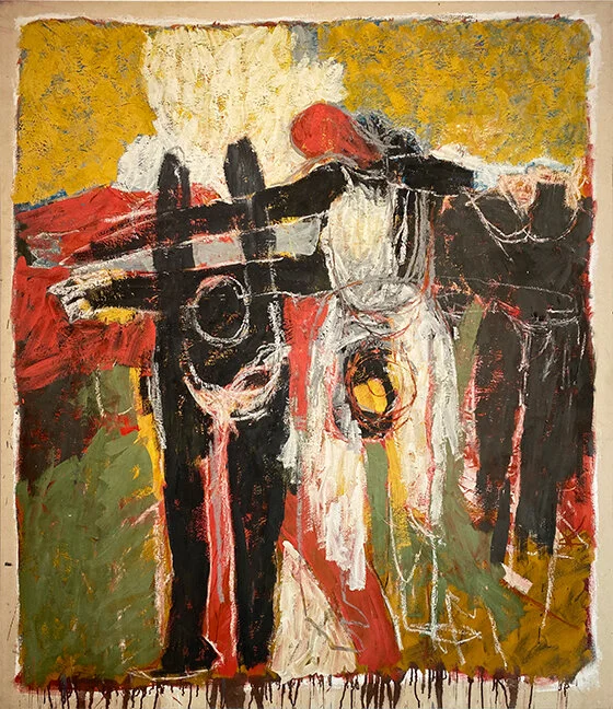  Untitled (Figures with Black, Yellow, Red, and Green),  c. 2007  Mixed media on canvas 64 x 55.5 in
