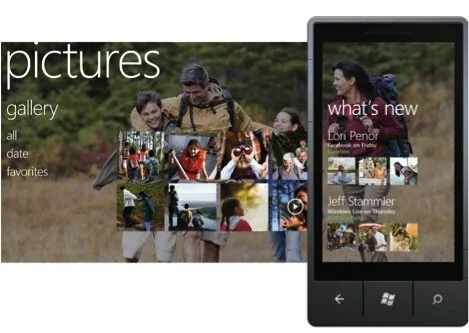 Windows Phone 7 pictures hub (showcasing 3 separate screens in a carousel format)