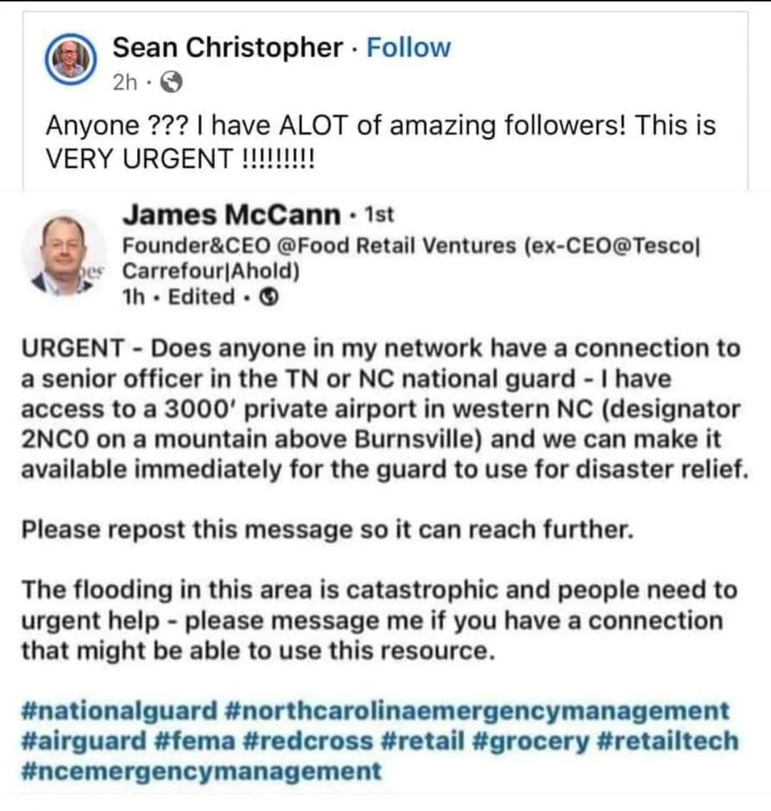 They are looking for senior officer in NC or TN National Guard. Private airport available for disaster relief.