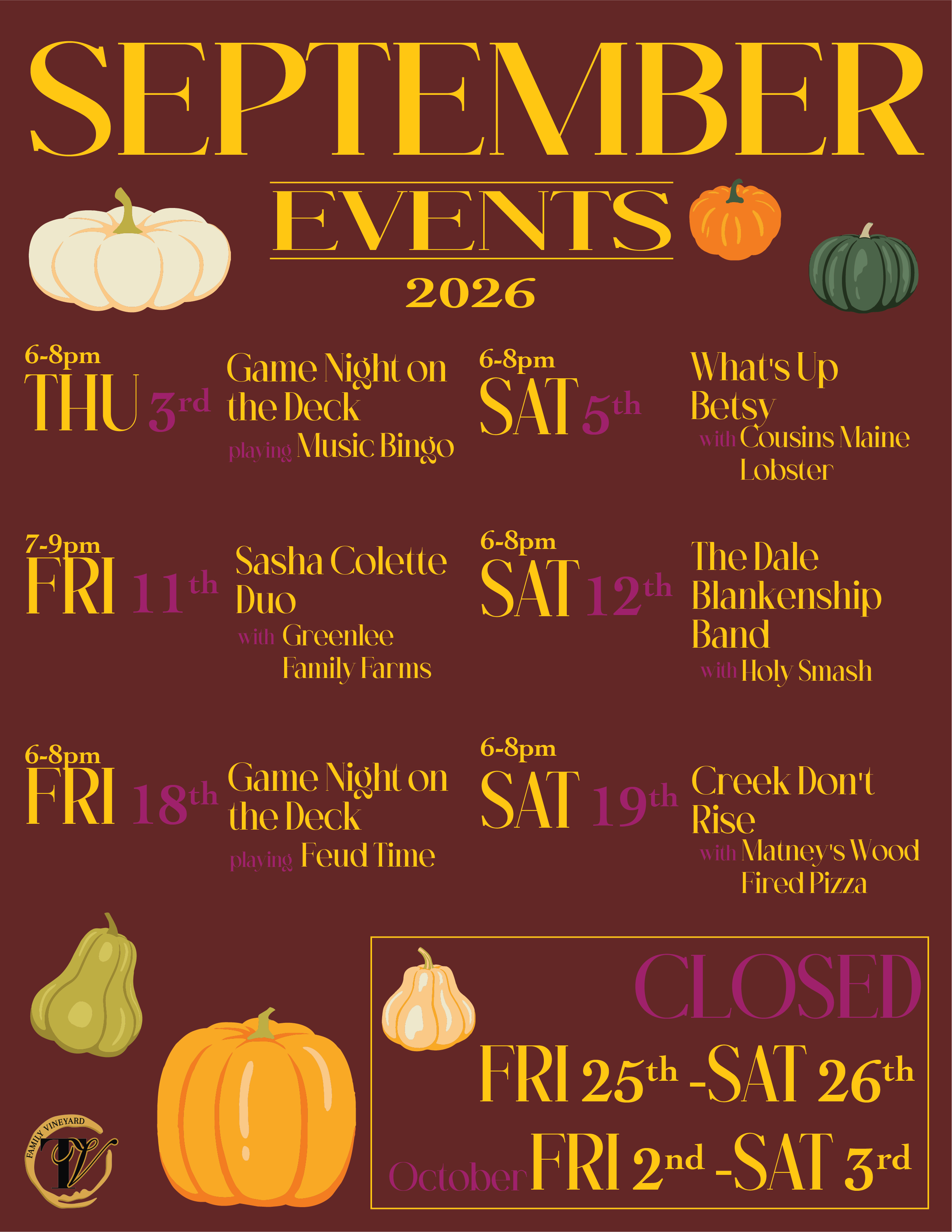 September 2026 Music &amp; Food Schedule