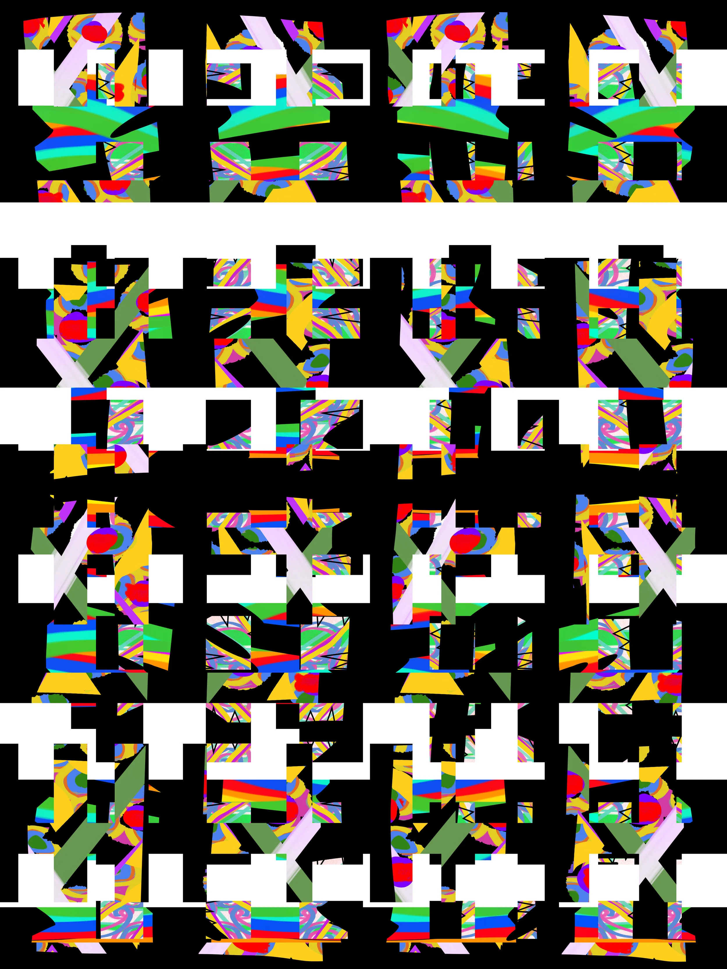 A psychedelic image consisting of stacked, multi-colored amorphous shapes with black negative space.  