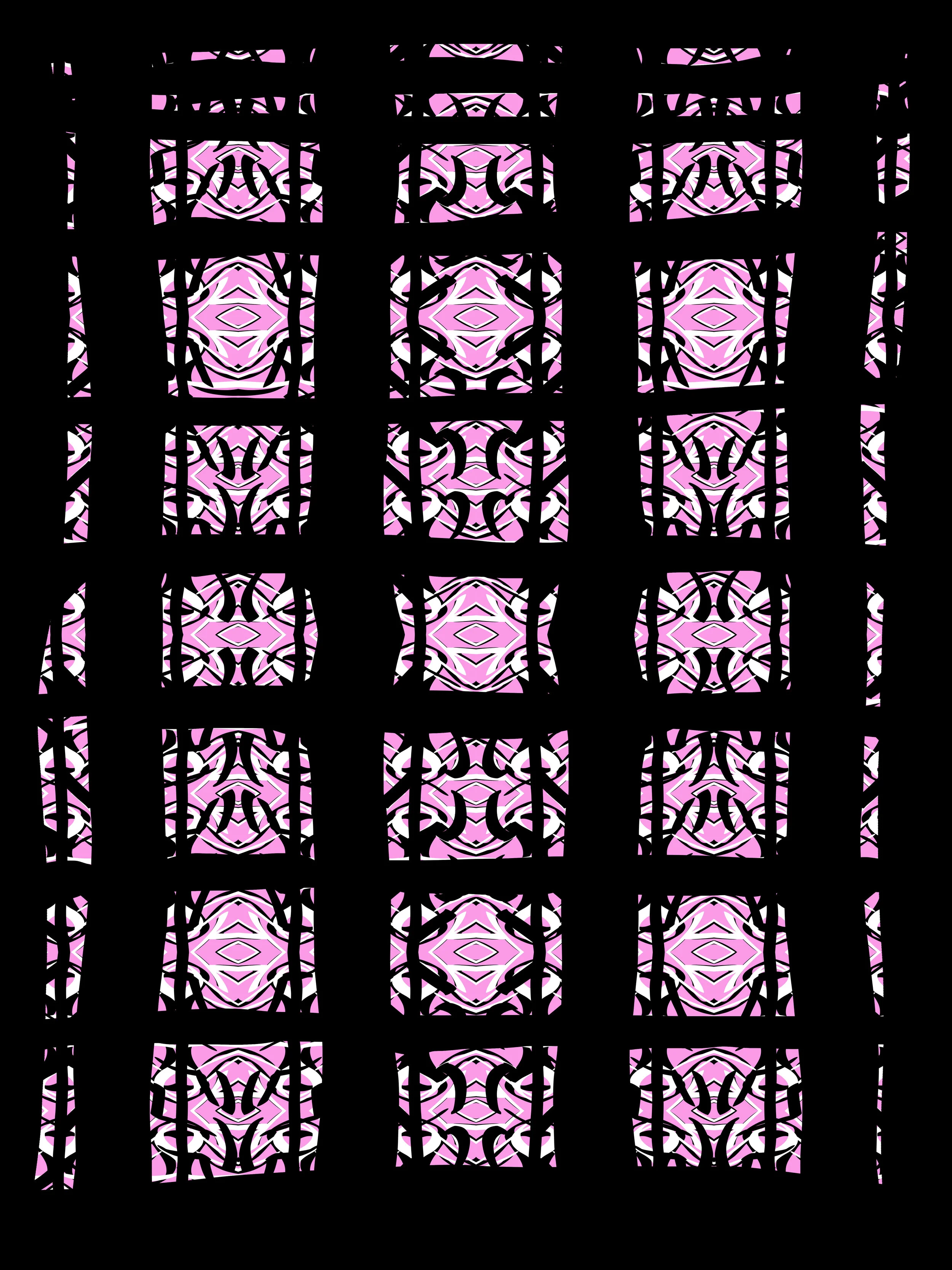 A psychedelic image consisting of stacked, pink, white, and black amorphous shapes with black negative space.  