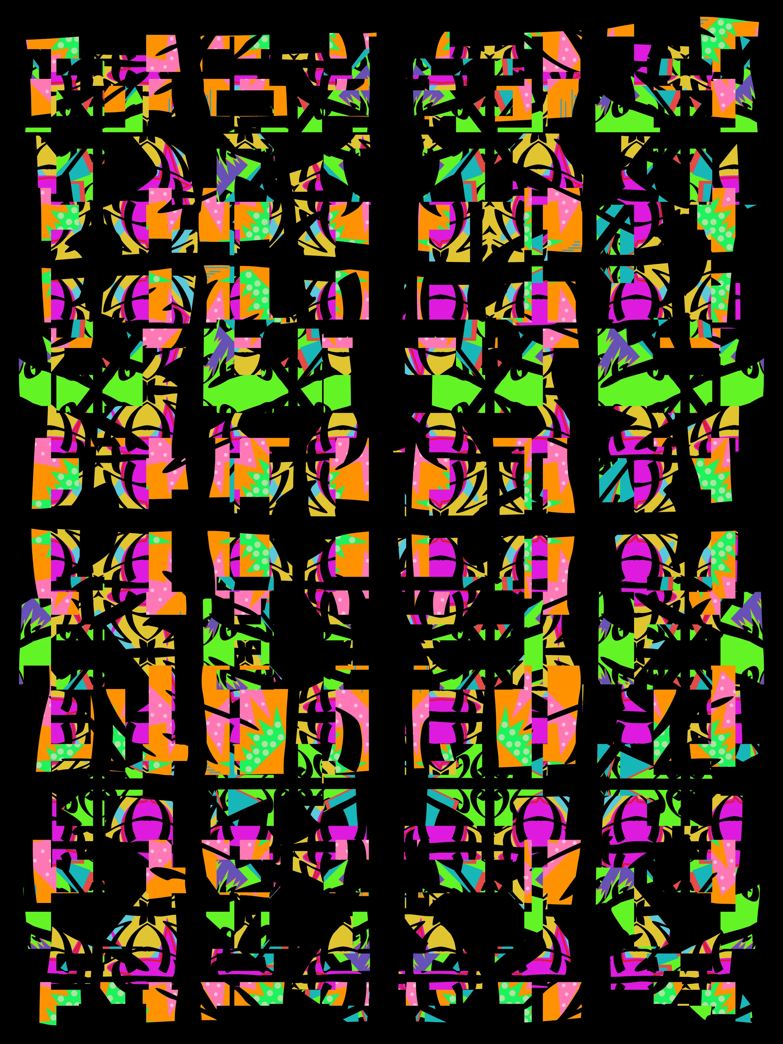 A psychedelic image consisting of stacked, multi-colored amorphous shapes with black negative space.  