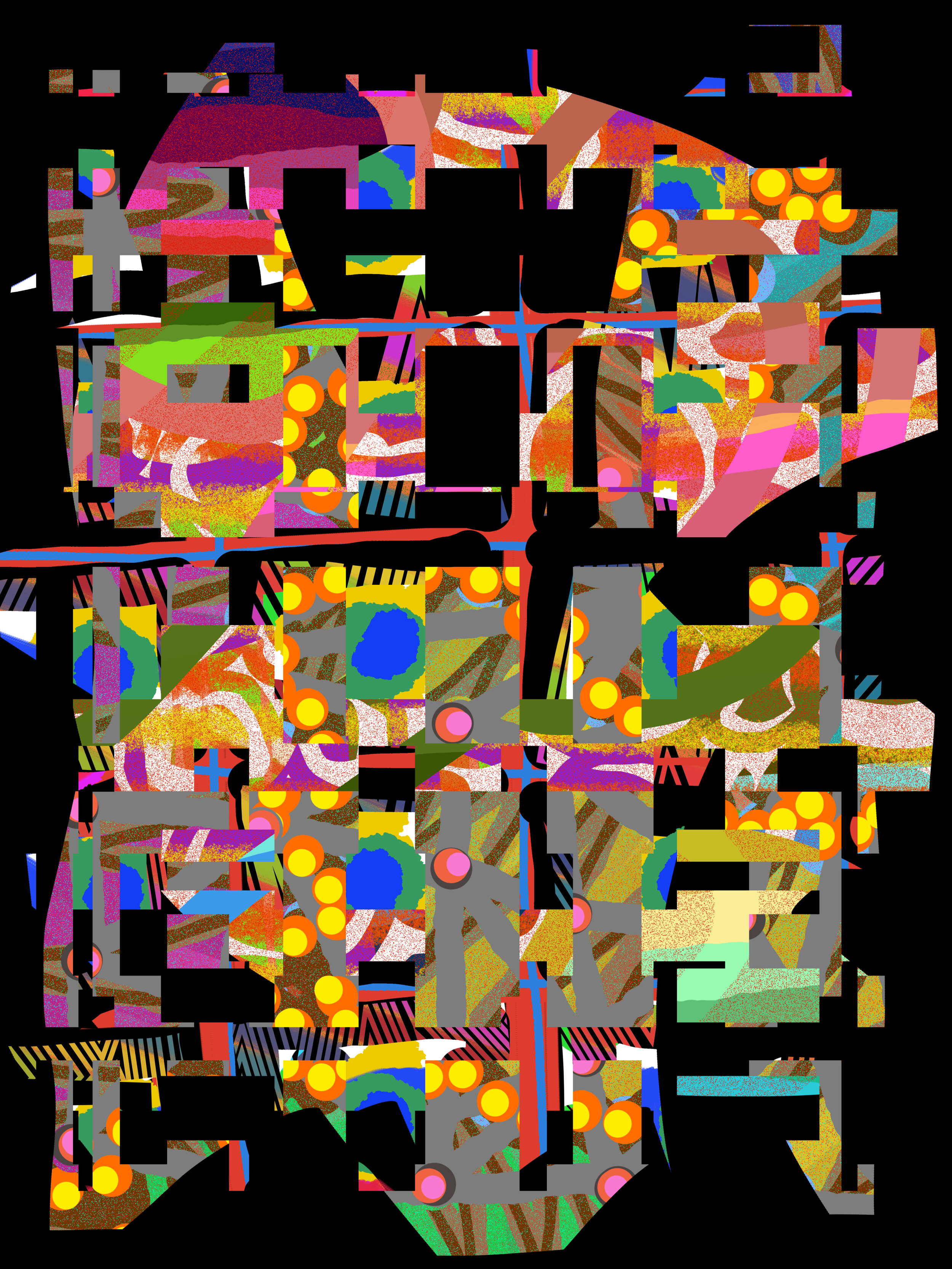 A psychedelic image consisting of stacked, multi-colored amorphous shapes with black negative space.  