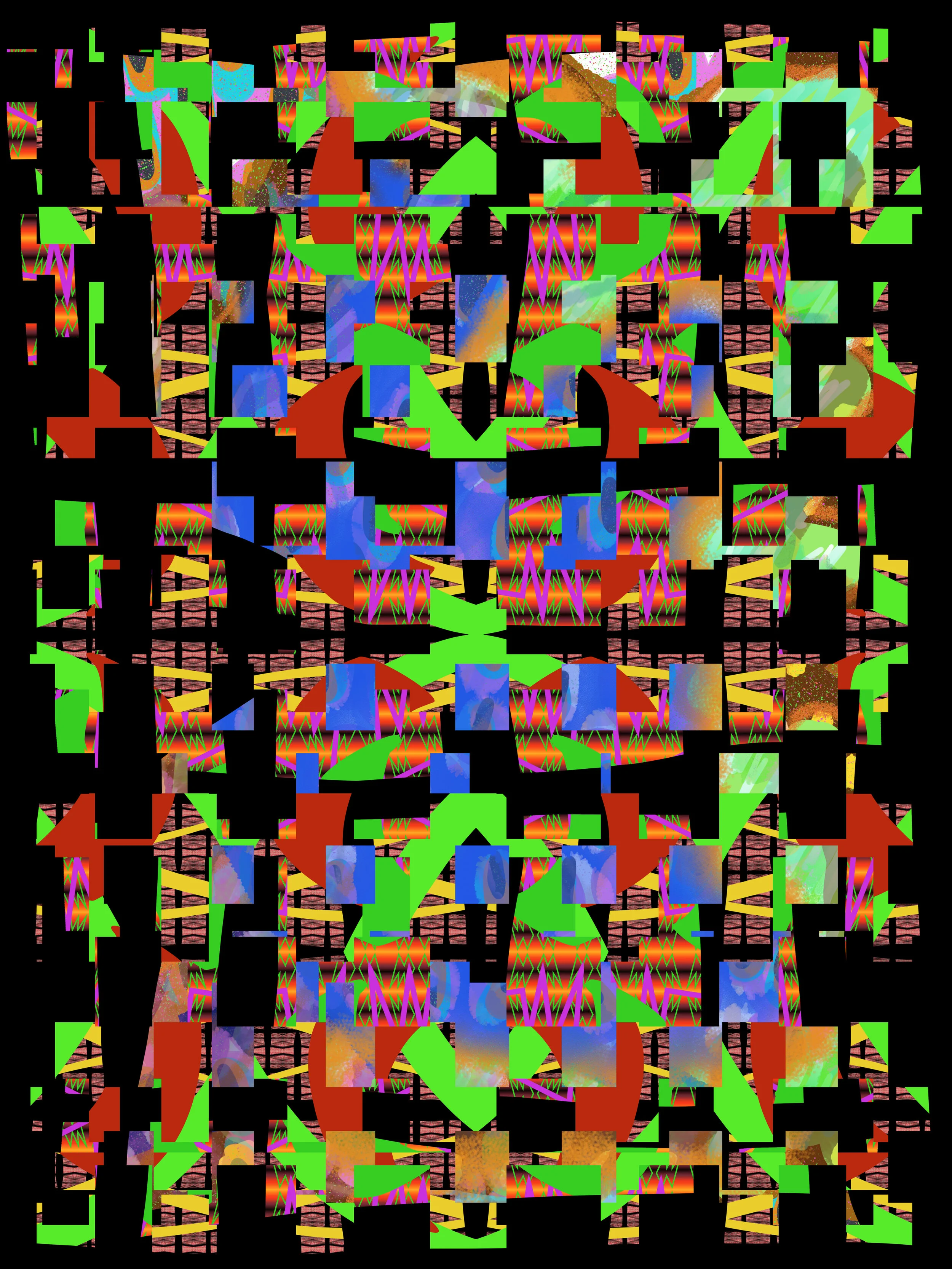 A psychedelic image consisting of stacked, multi-colored amorphous shapes with black negative space.  