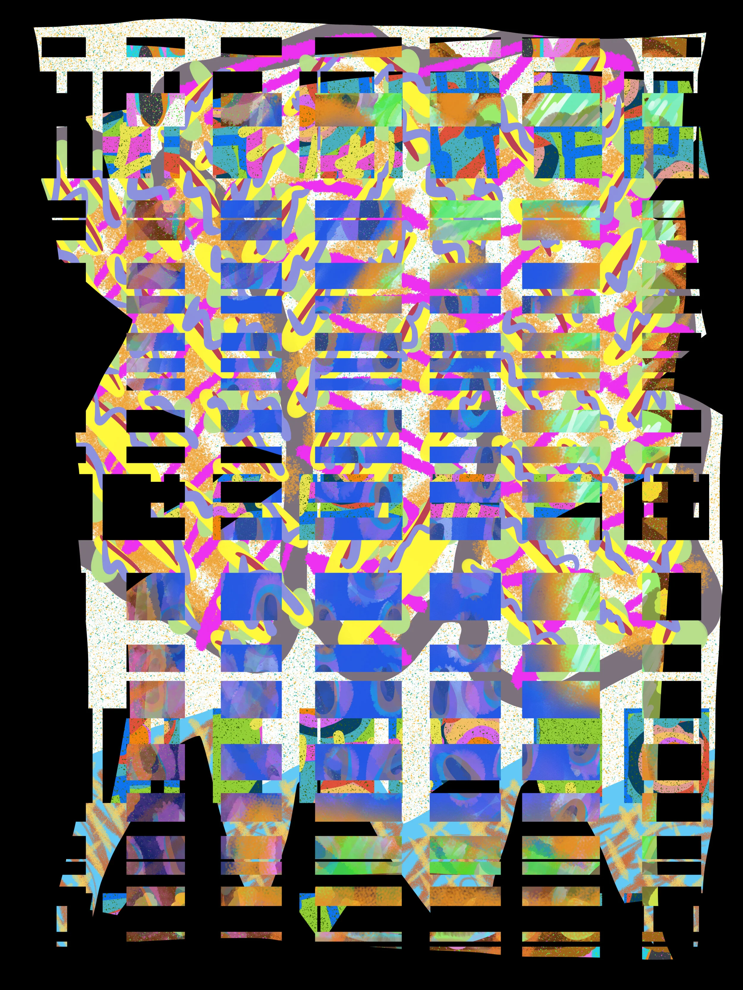 A psychedelic image consisting of stacked, multi-colored amorphous shapes with black negative space.  