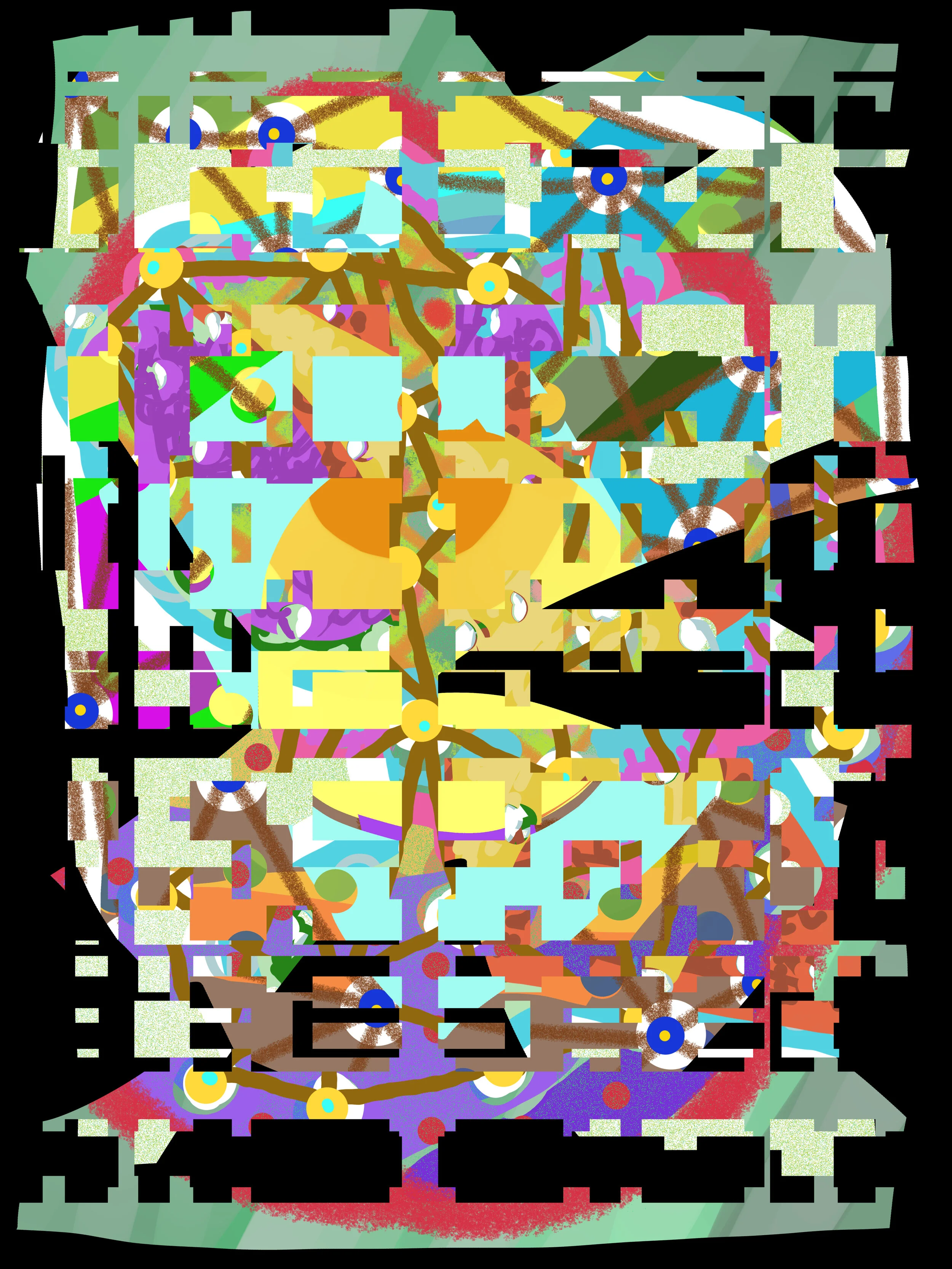 A psychedelic image consisting of stacked, multi-colored amorphous shapes with black negative space.  