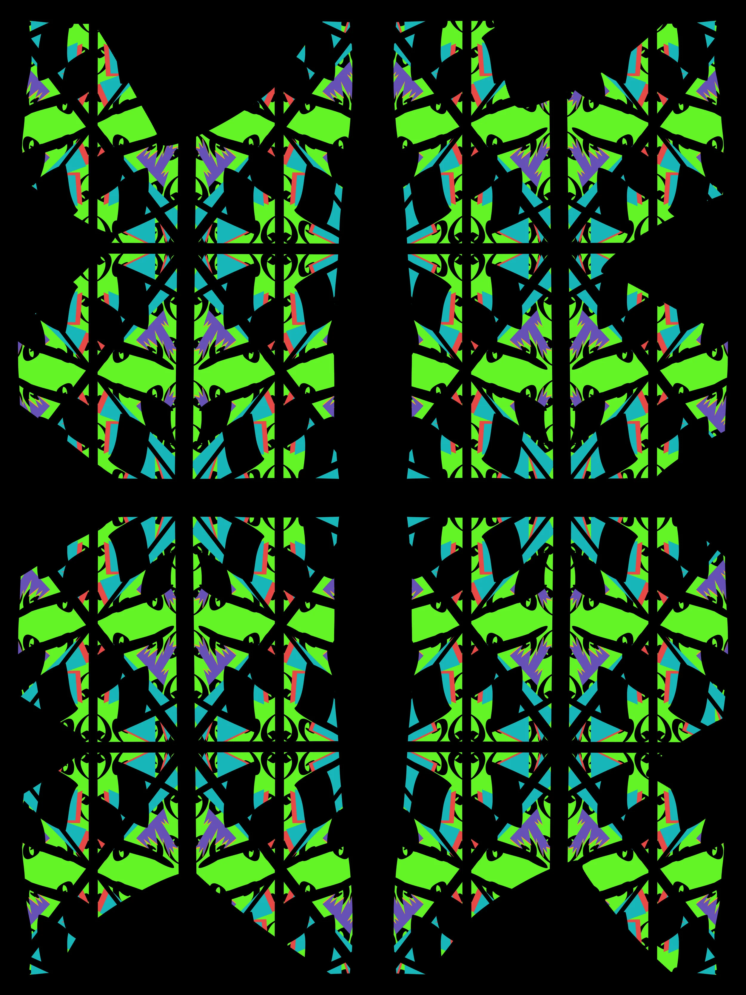 A psychedelic image consisting of stacked, green and blue amorphous shapes with black negative space.  