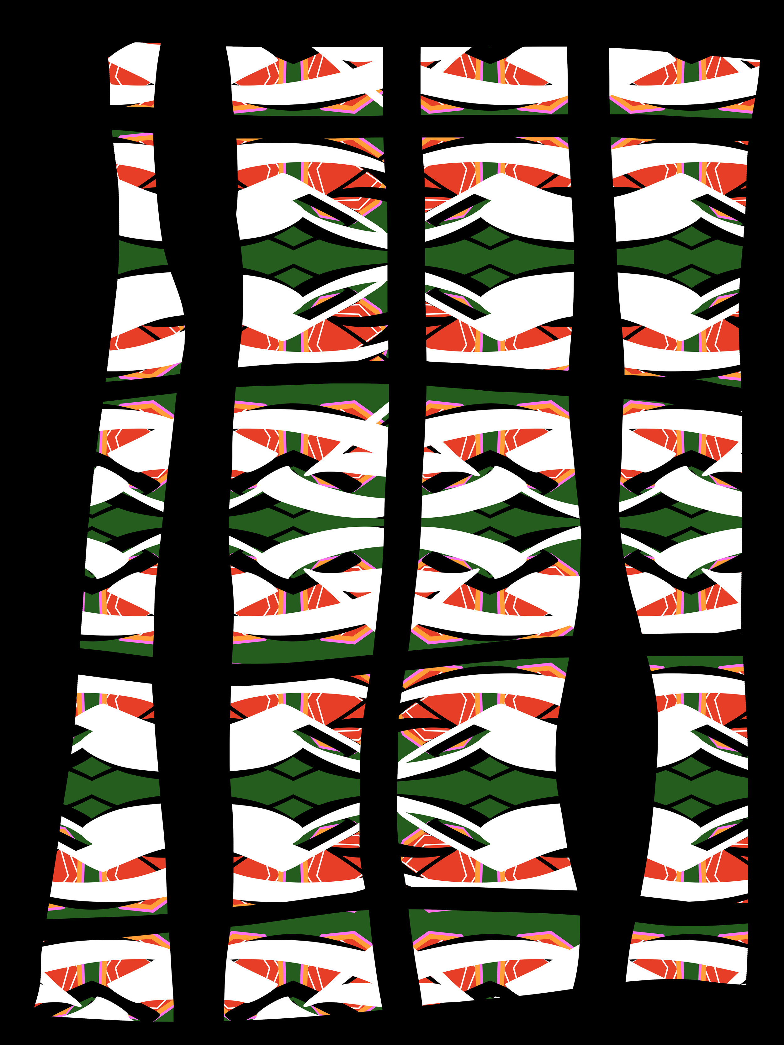 A psychedelic image consisting of stacked, multi-colored amorphous shapes with black negative space.  