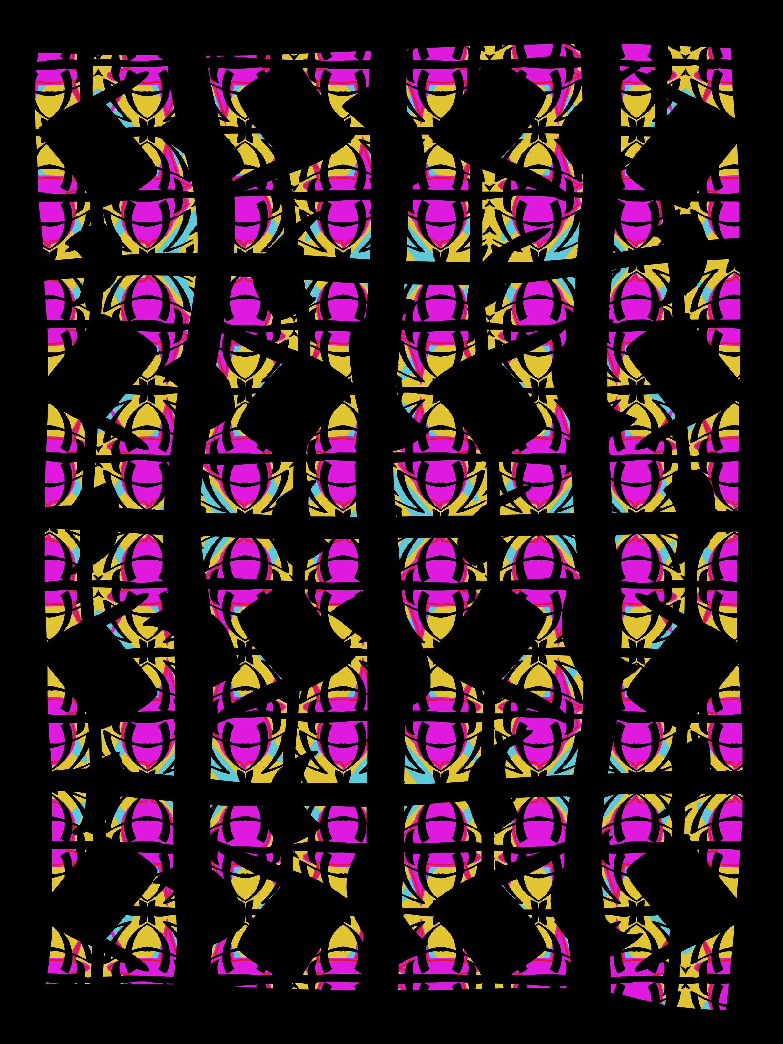 A psychedelic image consisting of stacked orange and fuchsia semi-rectangular shapes with black negative space.  