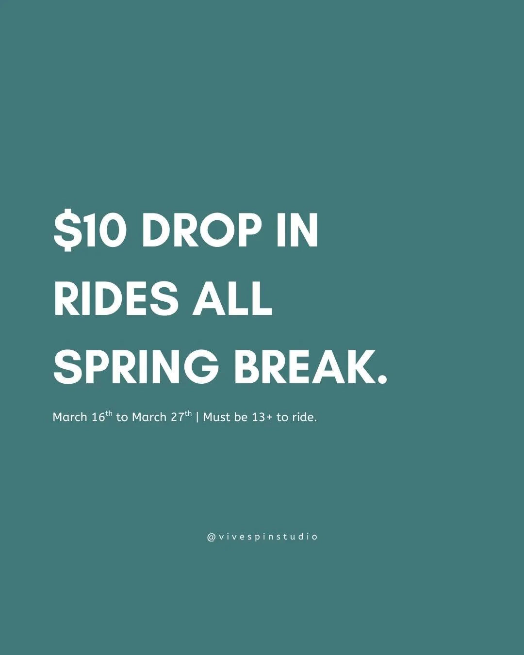 All spring break long we&rsquo;re offering $10 drop in rides &mdash; the perfect excuse to try your first class, bring a friend, or ride a little extra while you&rsquo;re off. 🚴&zwj;♀️✨
ㅤ
March 16&ndash;27
All classes. All levels. Just $10.
(Must be