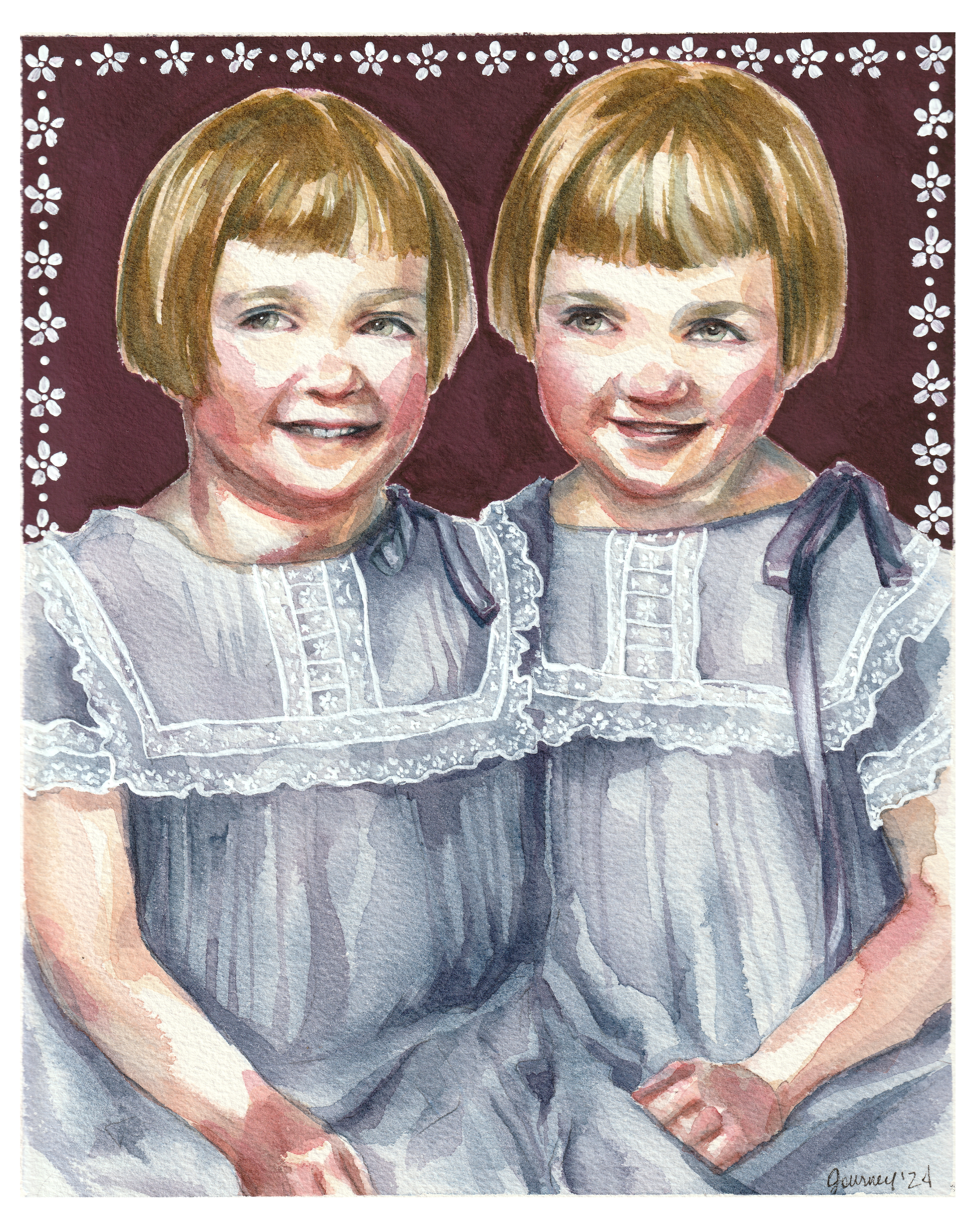 Watercolor and Gouache portrait of twins