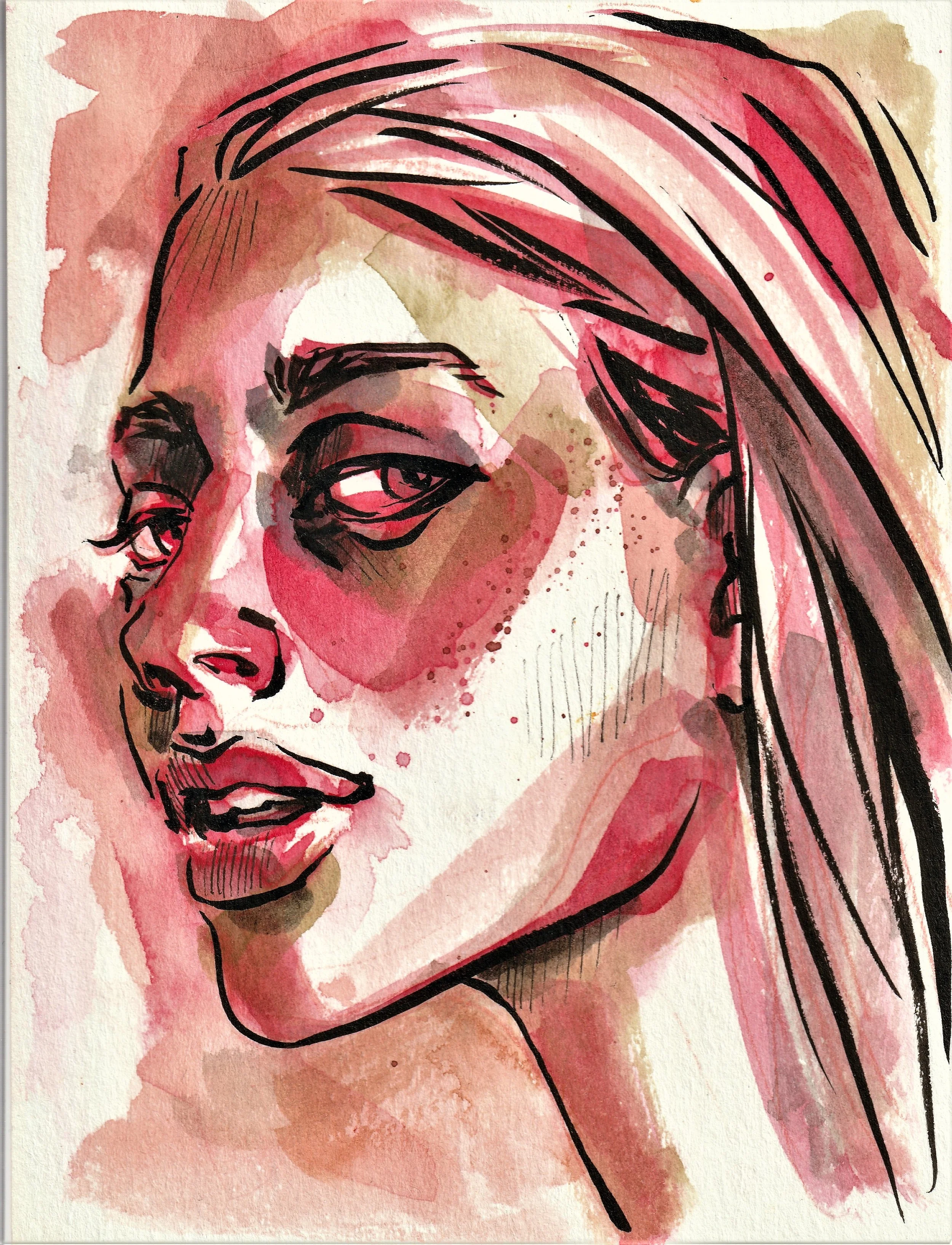 Stylized brush pen and watercolor portrait