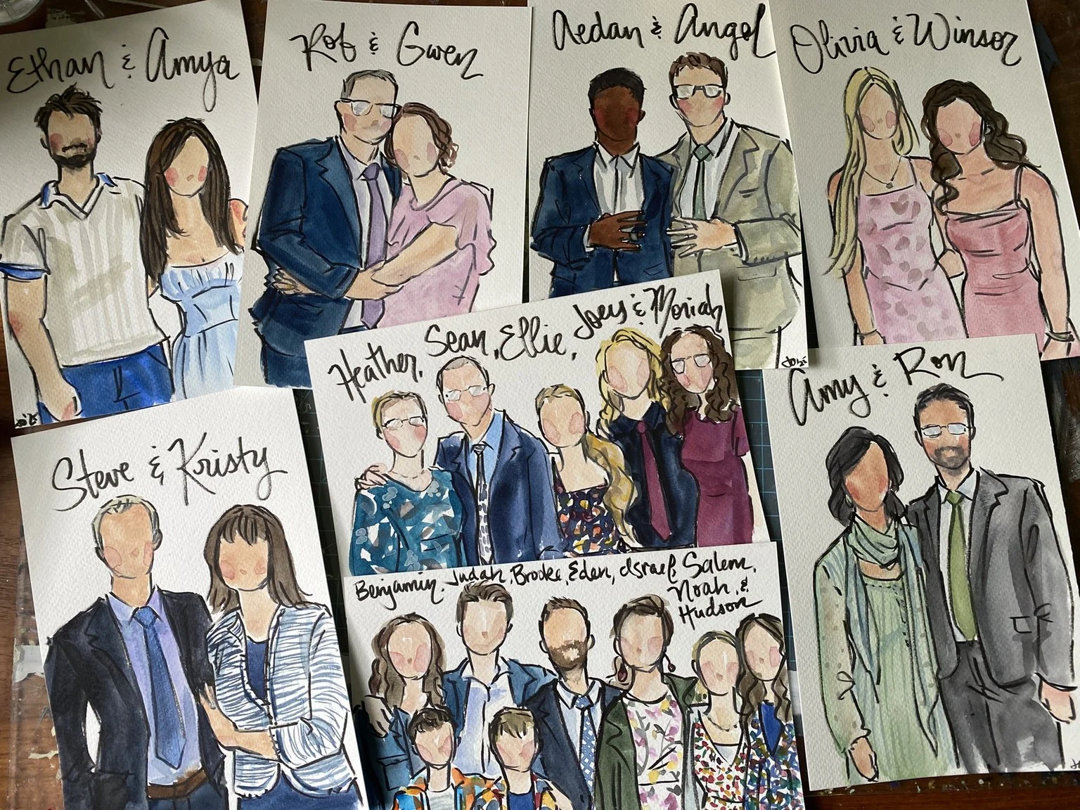 9x6" stylized watercolor portraits, painted from photos of wedding guests