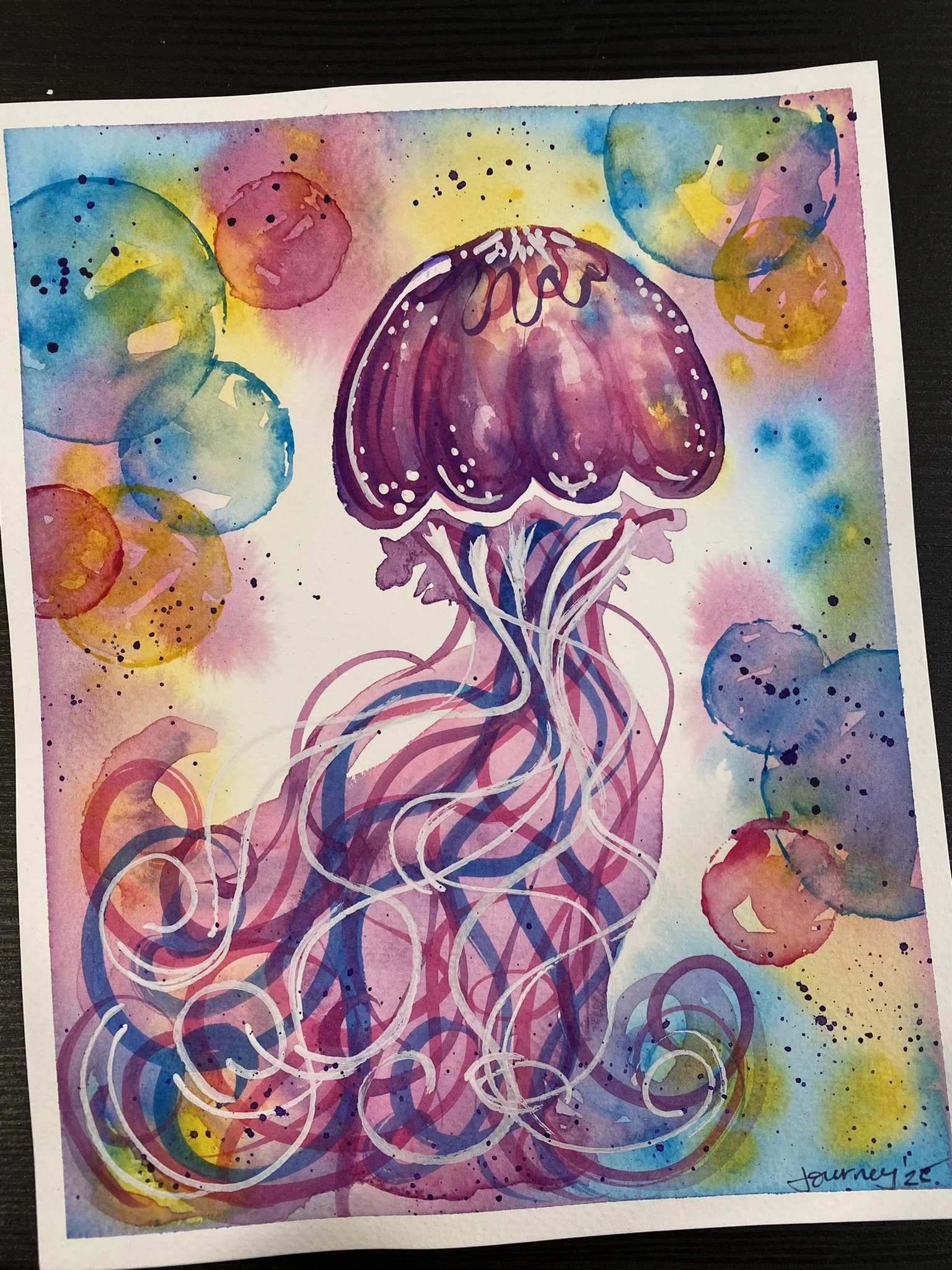 Purple jellyfish watercolor with colorful bubbles