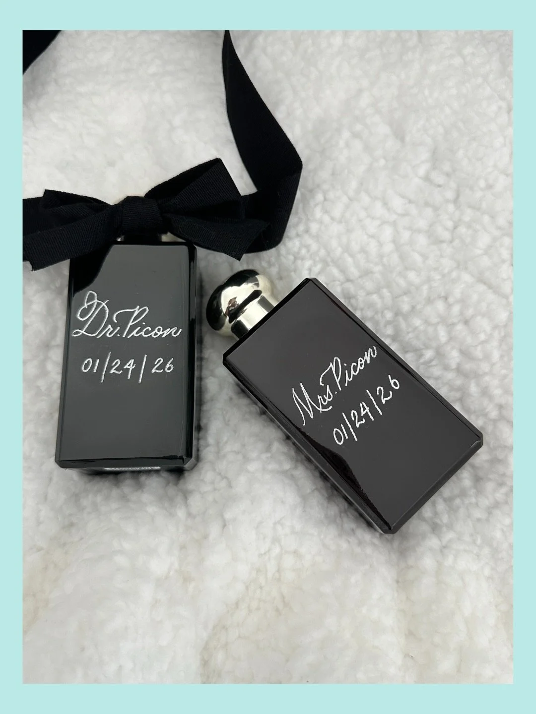 These engraved wedding fragrances for Manuel and Cristina were thoughtfully selected to capture the feeling of their wedding day in a way that lasts. Scent has a powerful way of bringing memories back to life, and engraving each bottle turns it into 