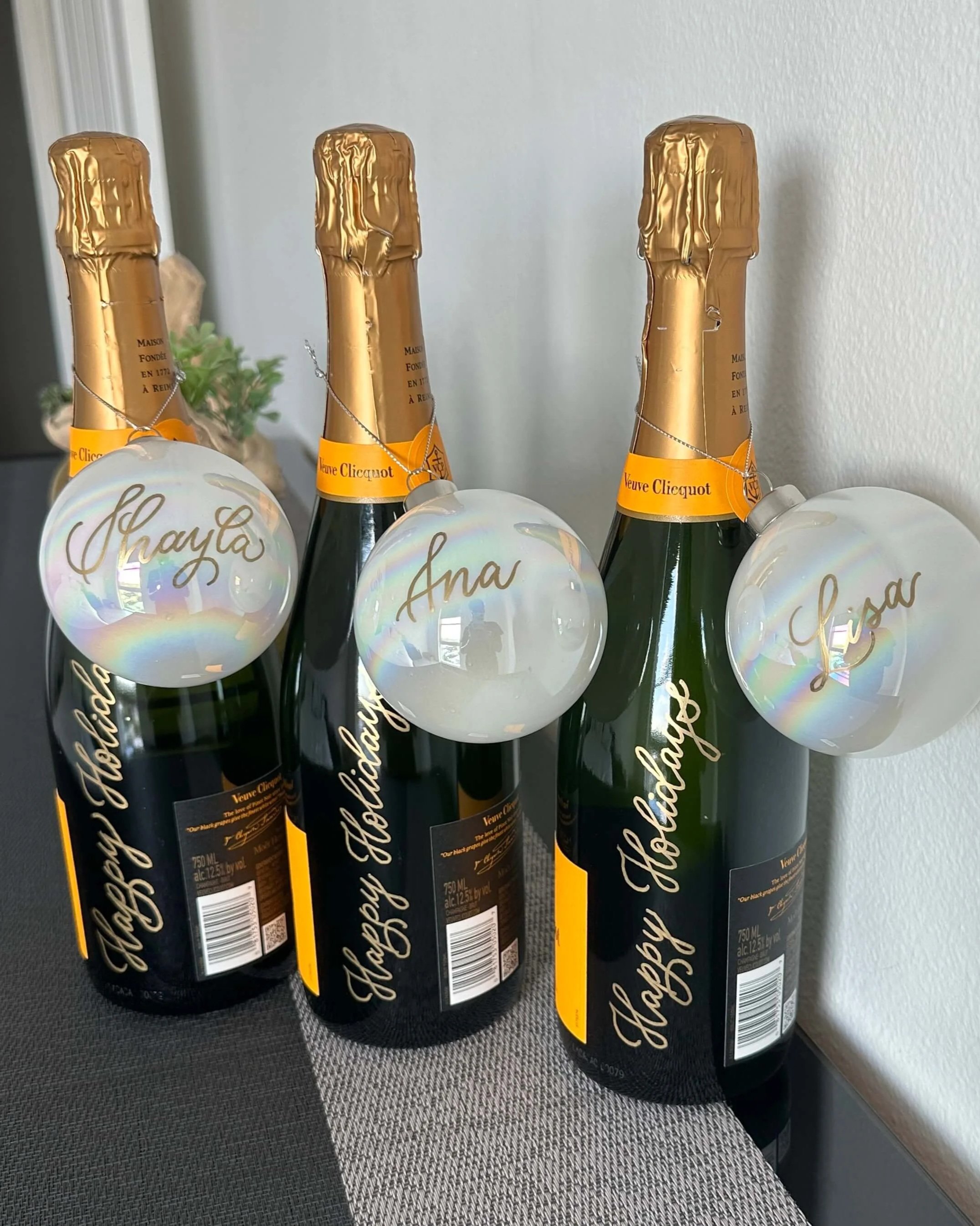 Hand Lettering on Ornaments and Champagne for Holiday Gifting