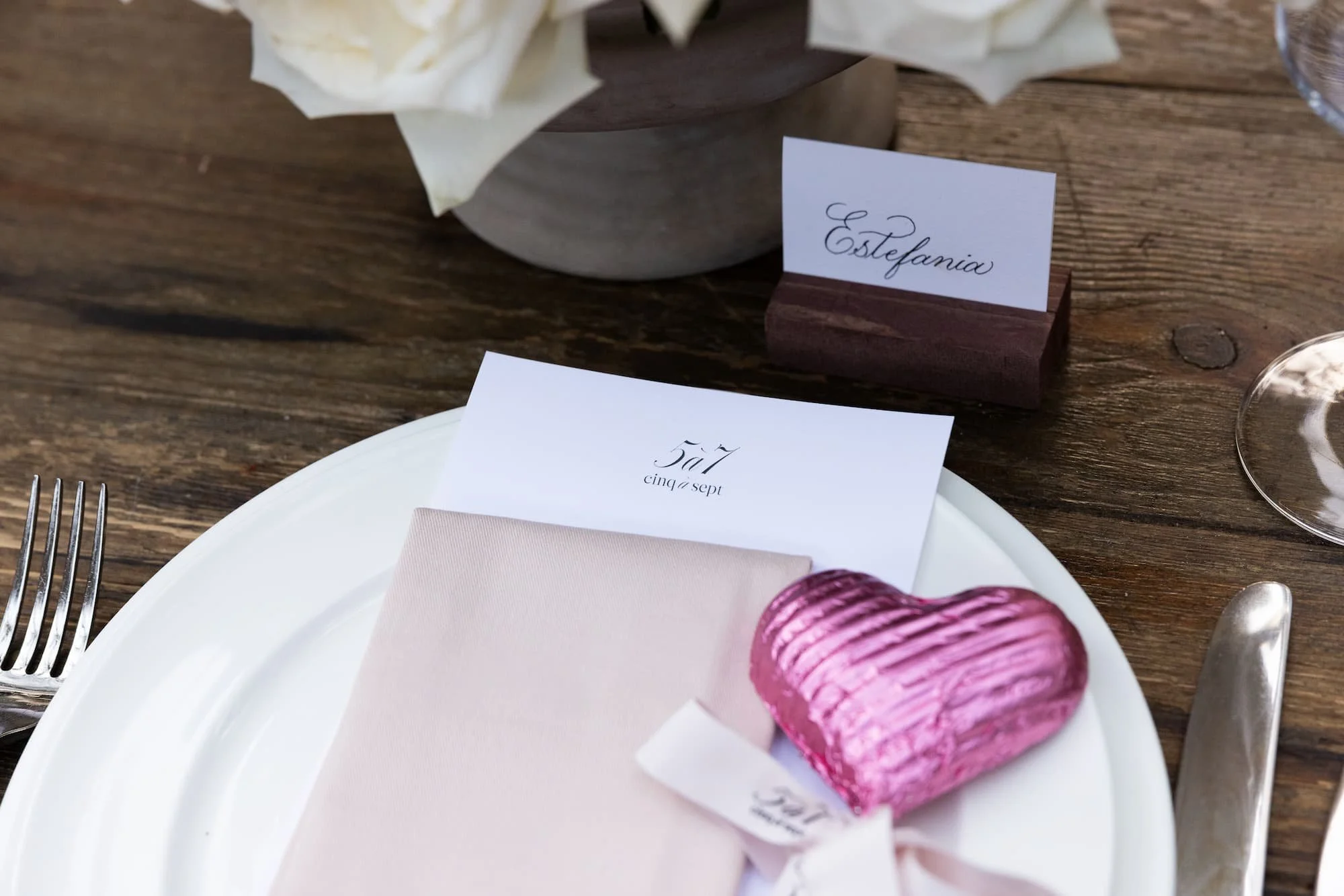 White Tented Place Card written for Cinq a Sept Private Dinner