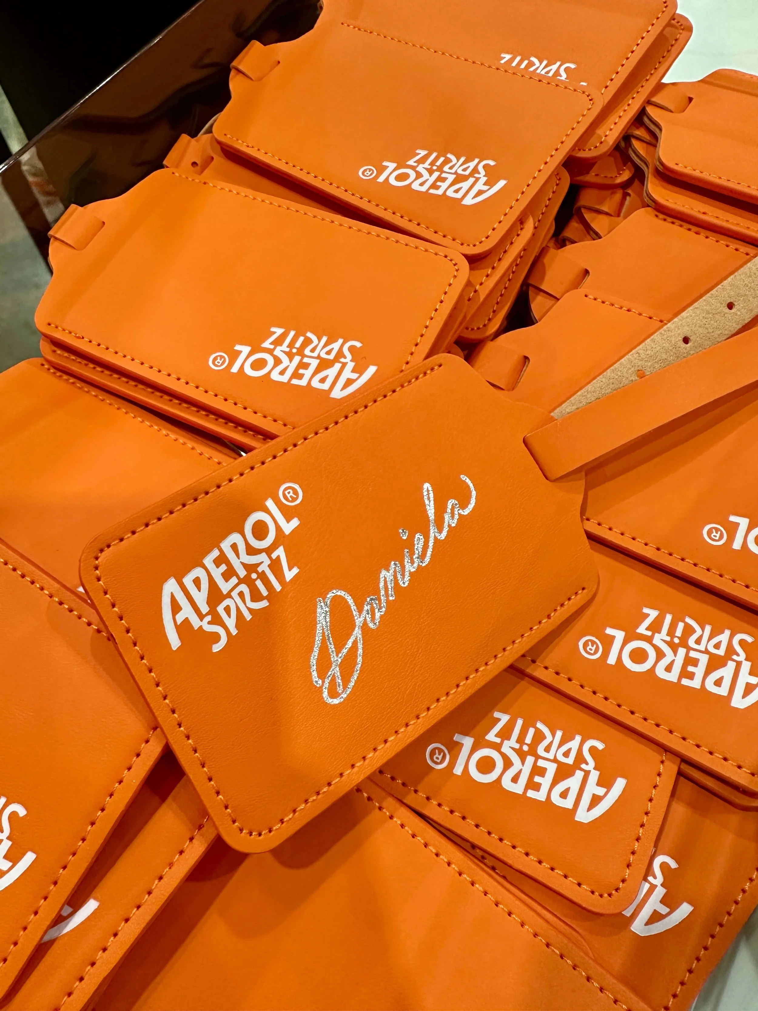 Silver Foiling on Luggage Tags - Aperol Spritz Booth - F&B At Sea, Wynwood, FL