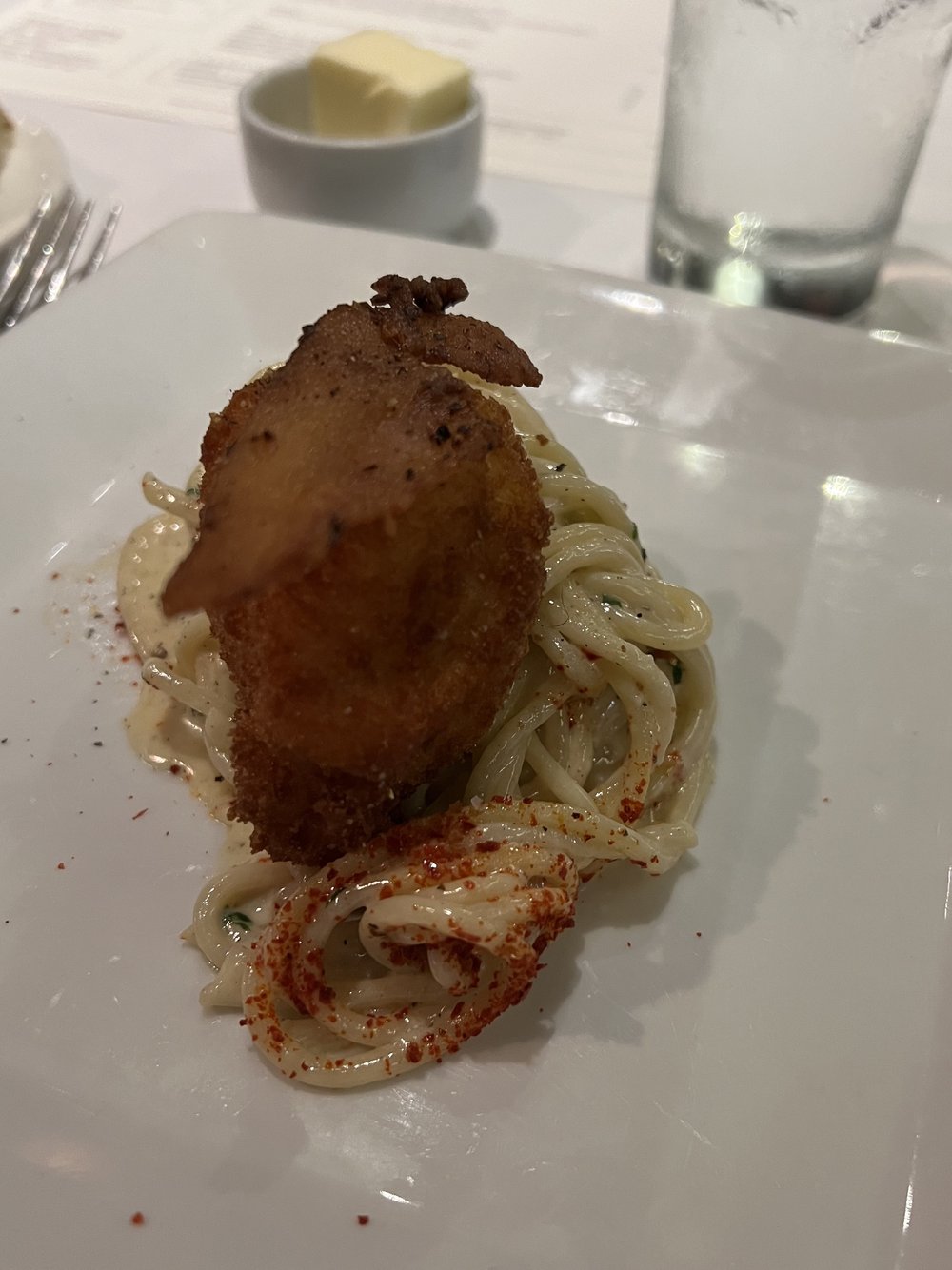 Spaghetti with fried-poached egg