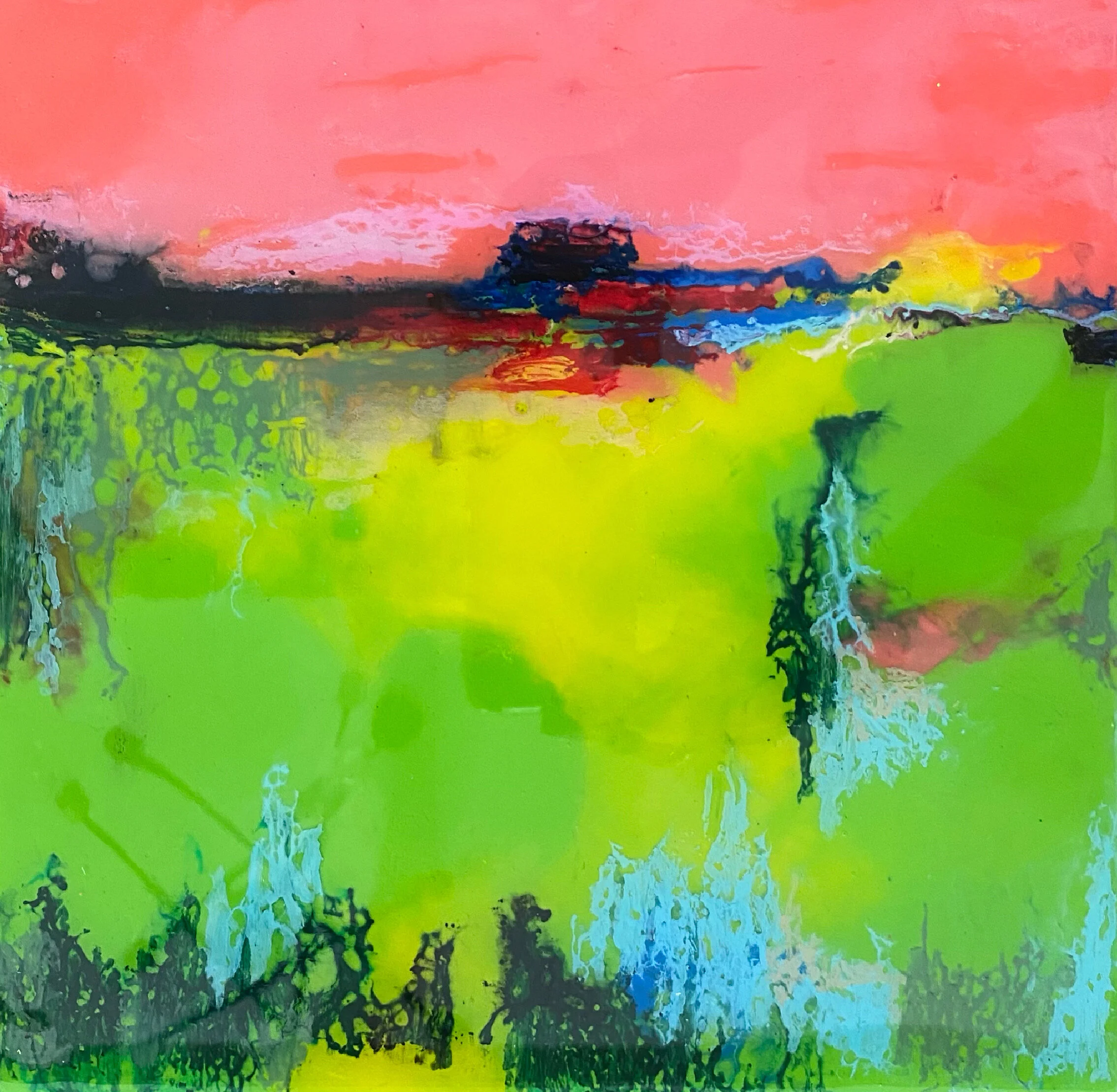 Pastures - encaustic, oil pastels and resin - 12 x 12