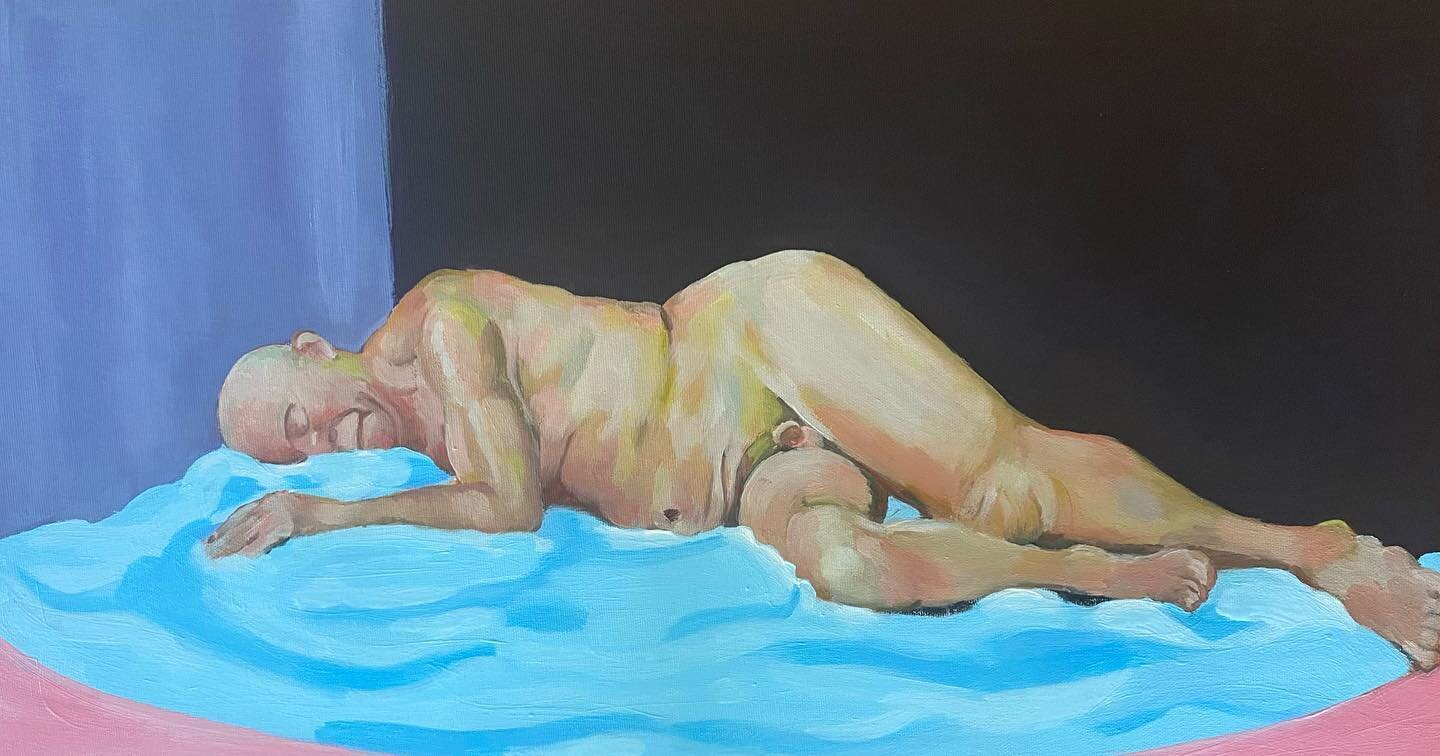 Sleeping Beauty
Oil and acrylic on canvas 

I want to show an aging body in a way that does not make it vulgar but respects and celebrates the way bodies change. This man is in a repose as many young woman are often are depicted and no less beautiful