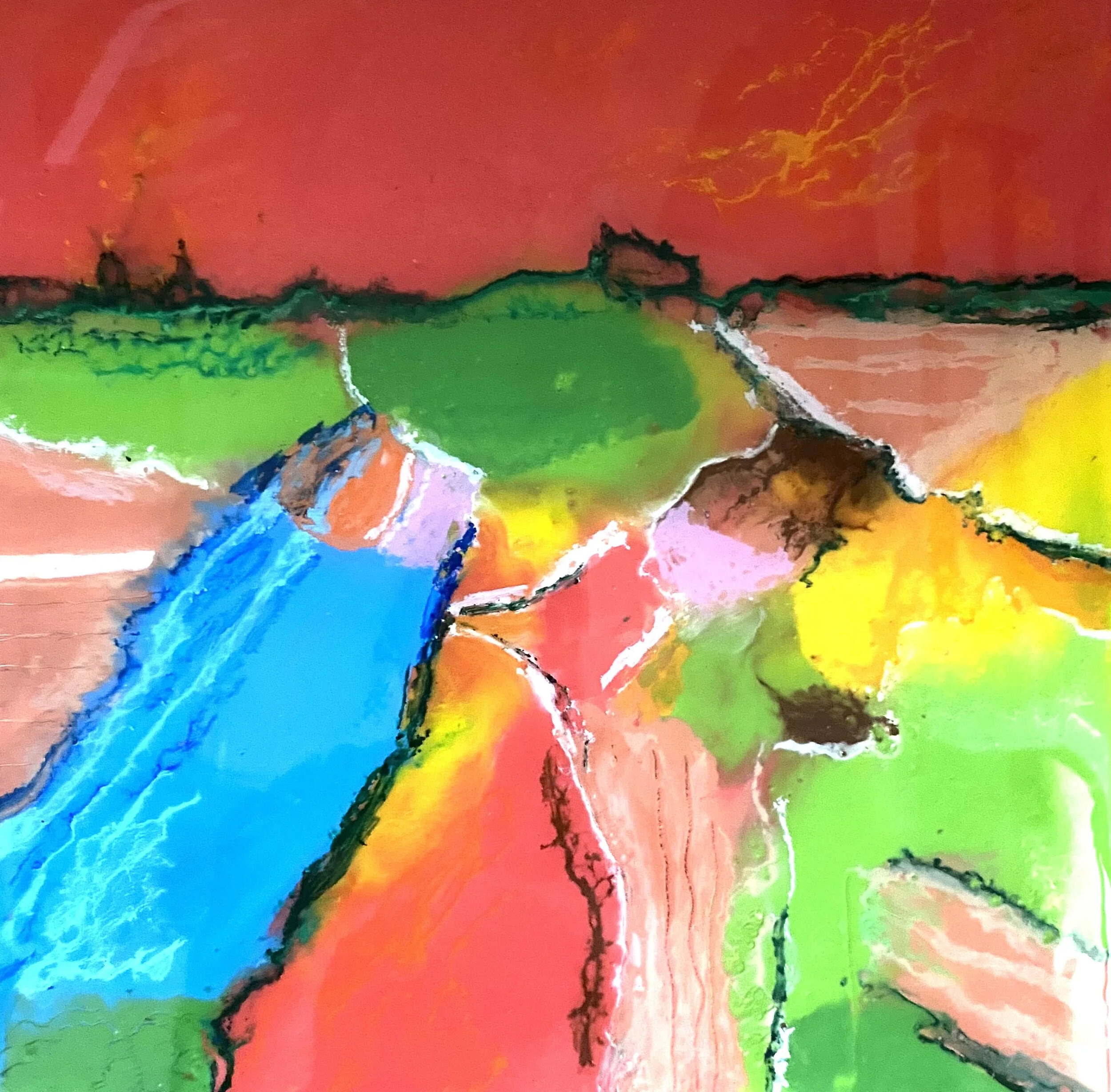 River Runs Through - encaustic, oil pastels, resin - 12 x 12