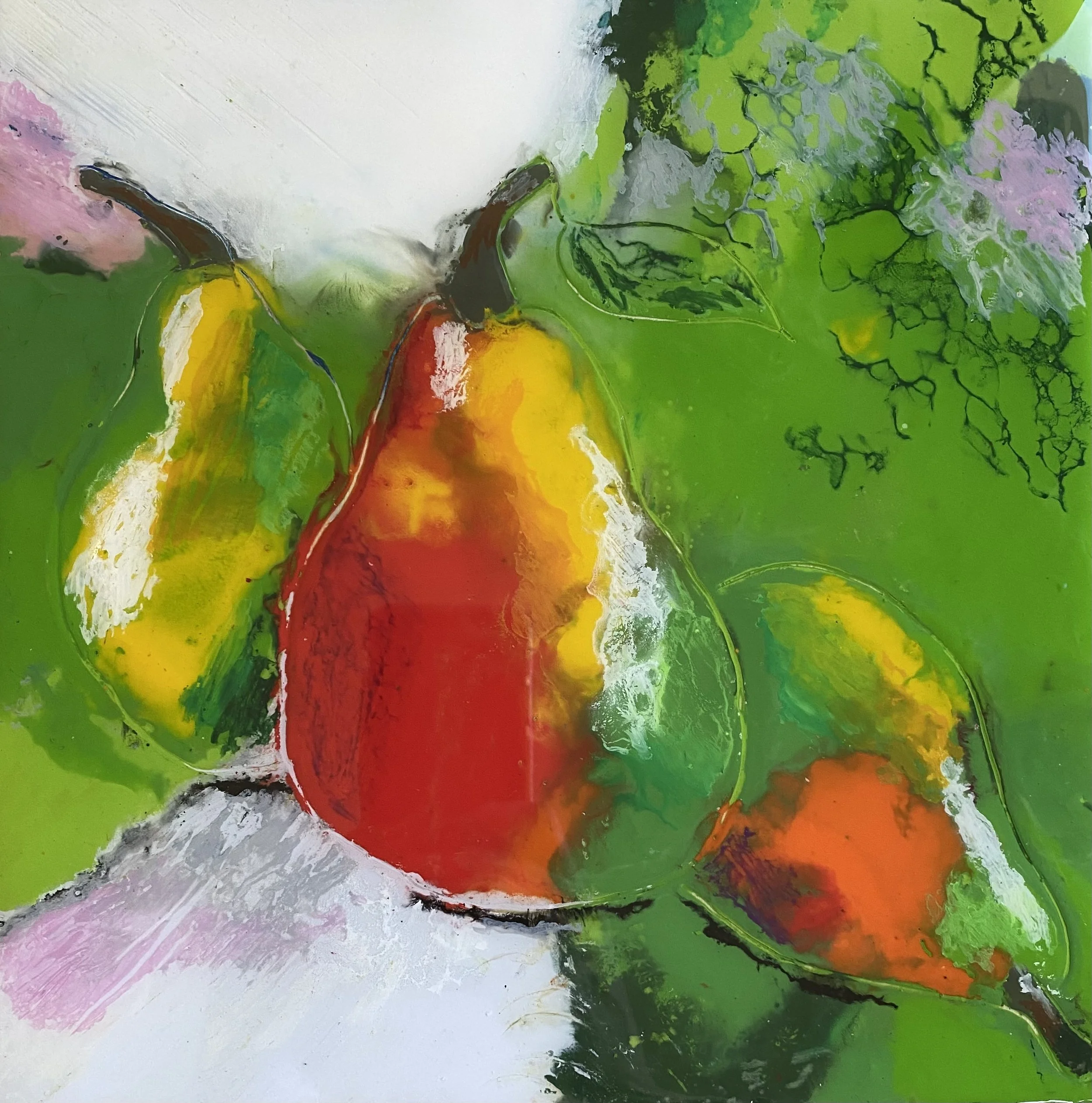 Two Pears - encaustic, oil pastels, resin , 12 x 12