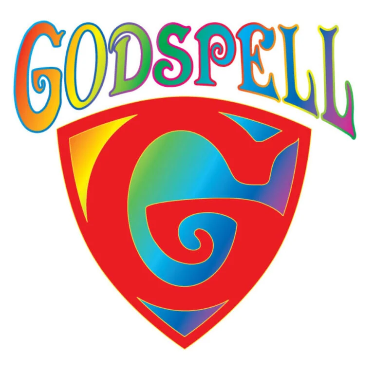 Colorful text that reads 'GODSPELL' above a red shield with a rainbow-colored spiral inside.