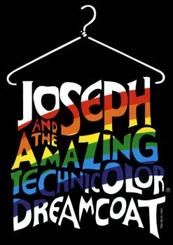 Colorful text on a black background reading 'Joseph and the Amazing Technology: Dreamcoat' with a white hanger illustration above.