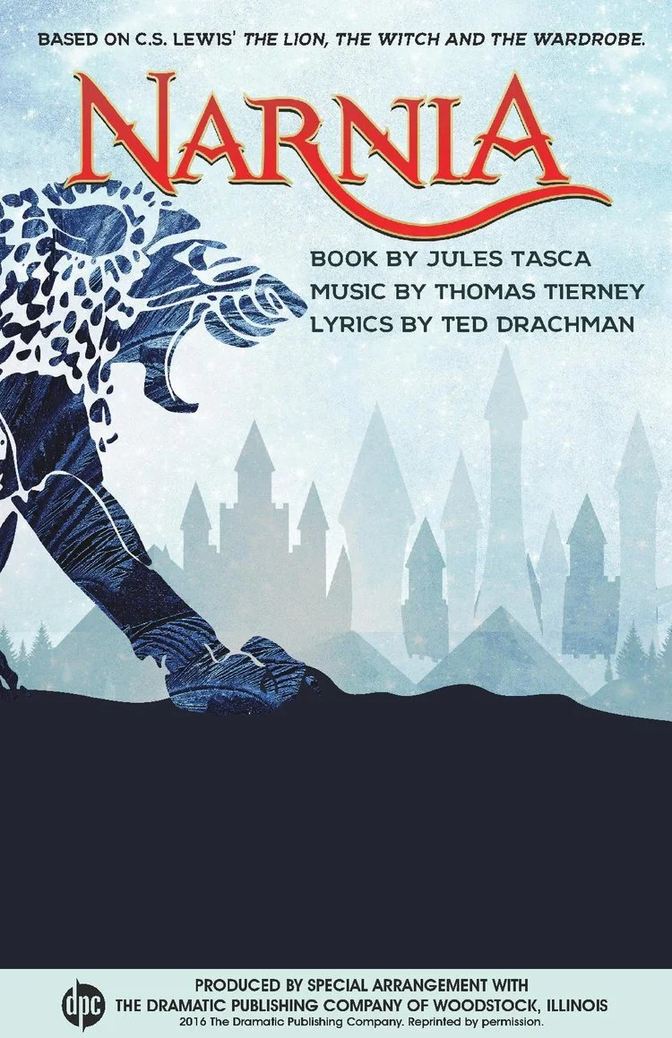 Cover of the musical Narnia, based on C.S. Lewis' The Lion, The Witch and The Wardrobe, with a blue lion silhouette, a castle in the background, and the title in large red letters.