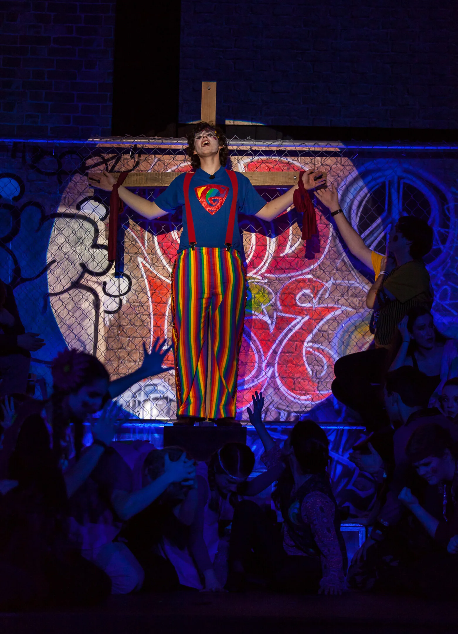 A theatrical performance of Godspell