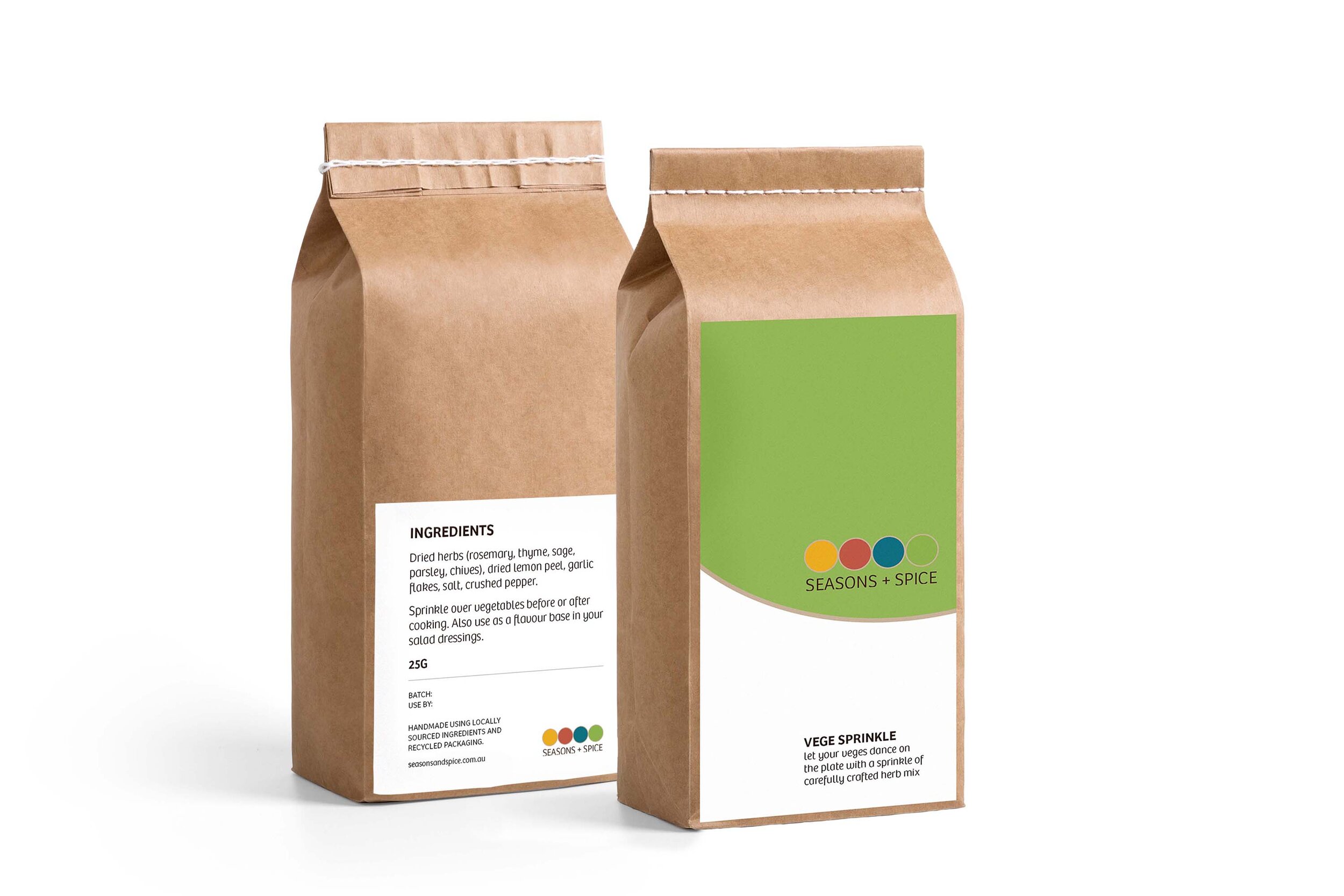 Two brown paper bags with "SEASONS + SPICE" branding. One shows product information, ingredients, and usage suggestions. The other has colorful circles and plain green design.