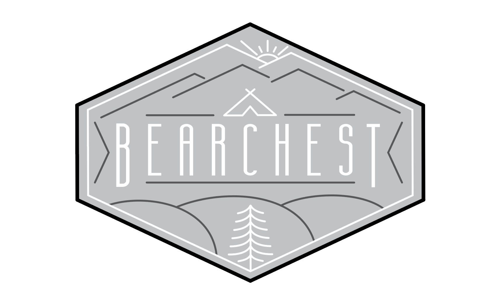 Gray and white logo with the text 'Beachcrest', mountain outline, sun with rays, tree, and landscape elements.