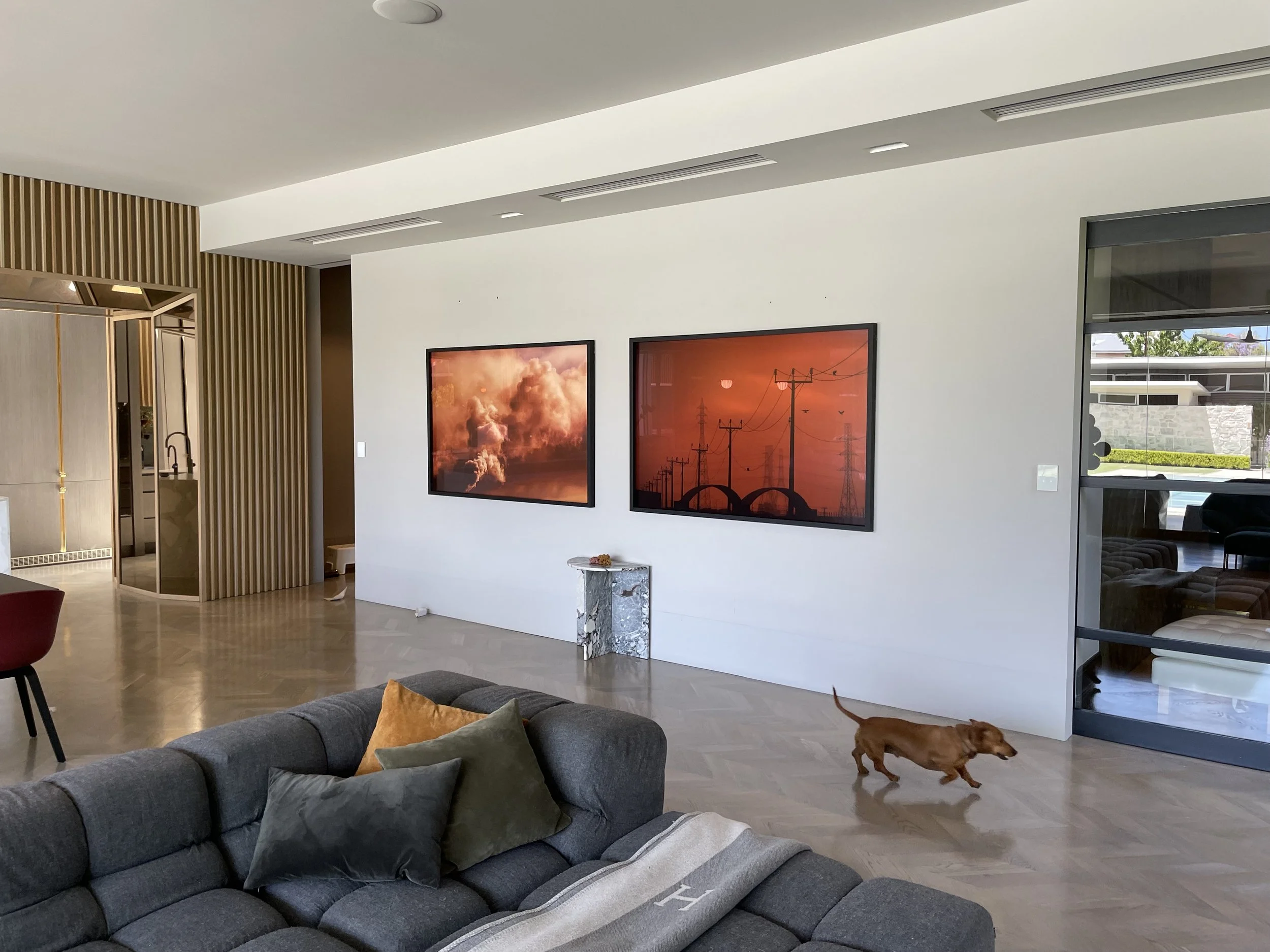 Modern living room with a gray sofa and colorful cushions, two framed photographs of orange sky scenes on the white wall, a small marble table underneath, a brown dog running across the wooden floor, and large glass door showing an outdoor area.
