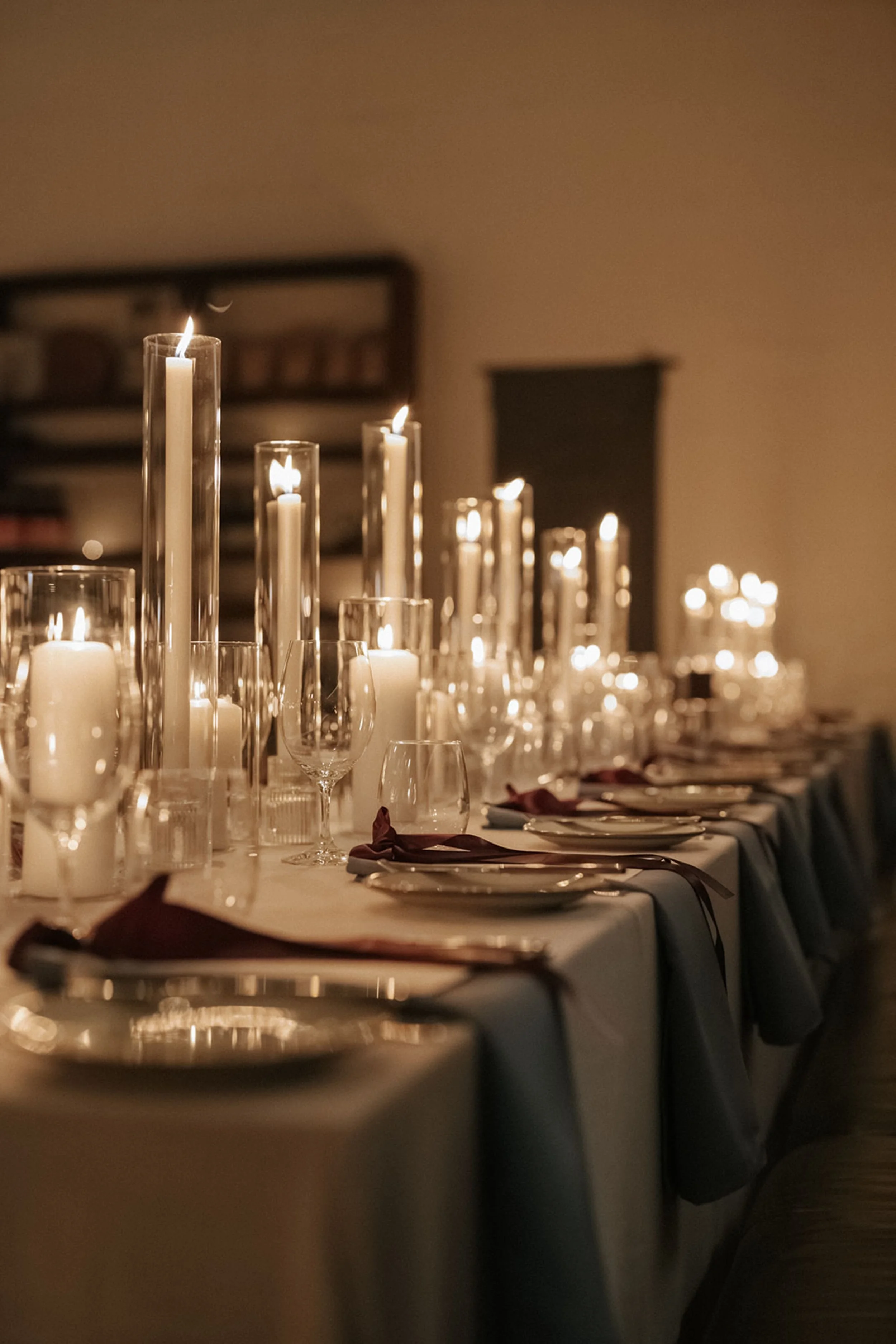 Photo by Sunny Bishop Photography.  A dining table decorated with lit candles in glass holders, set with plates, wine glasses, and napkins, with a warm, ambient lighting.