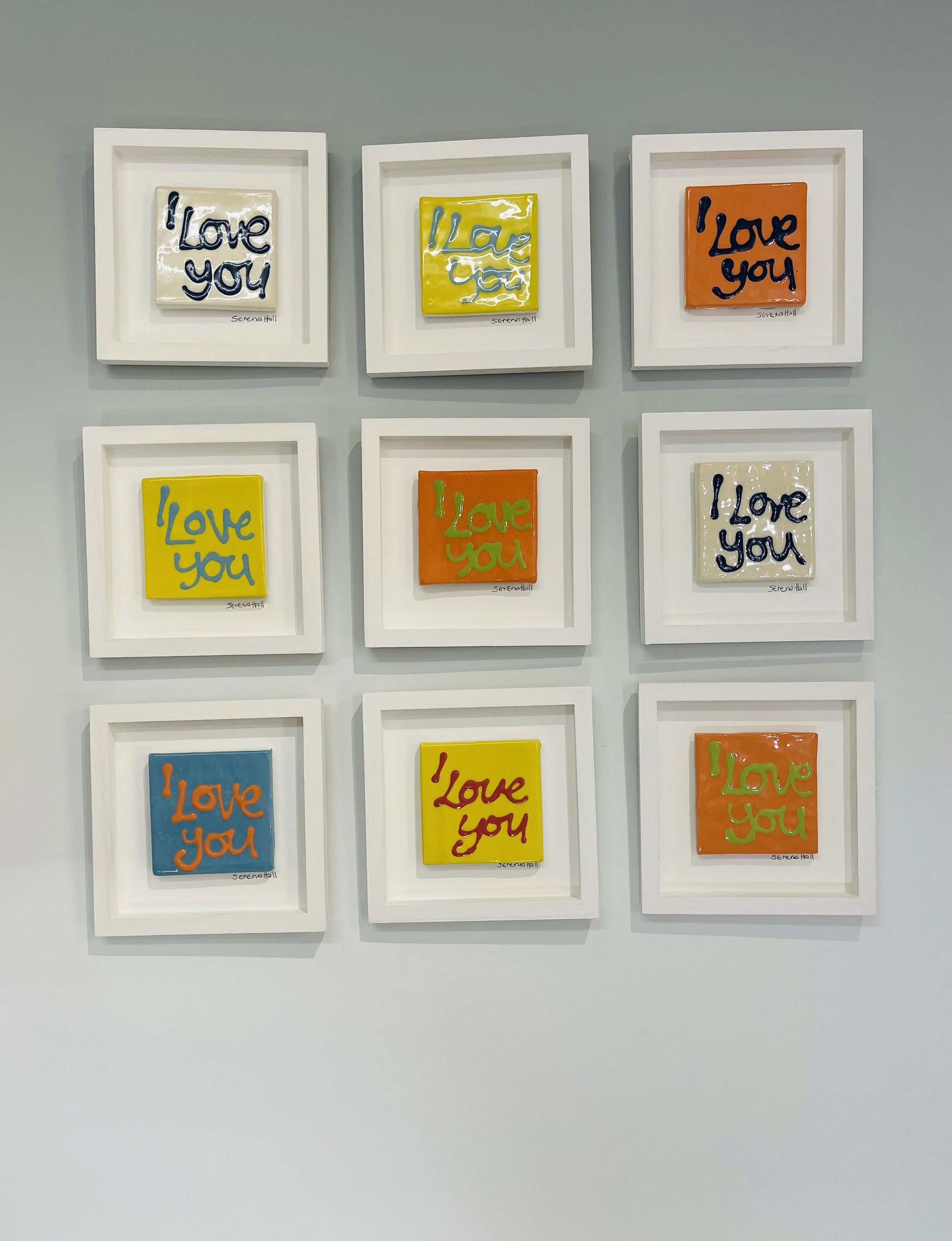 Framed 'I love you' wall plaques
Handmade ceramic with handmade colourful slips.
£55 each
Lots of colours available.
