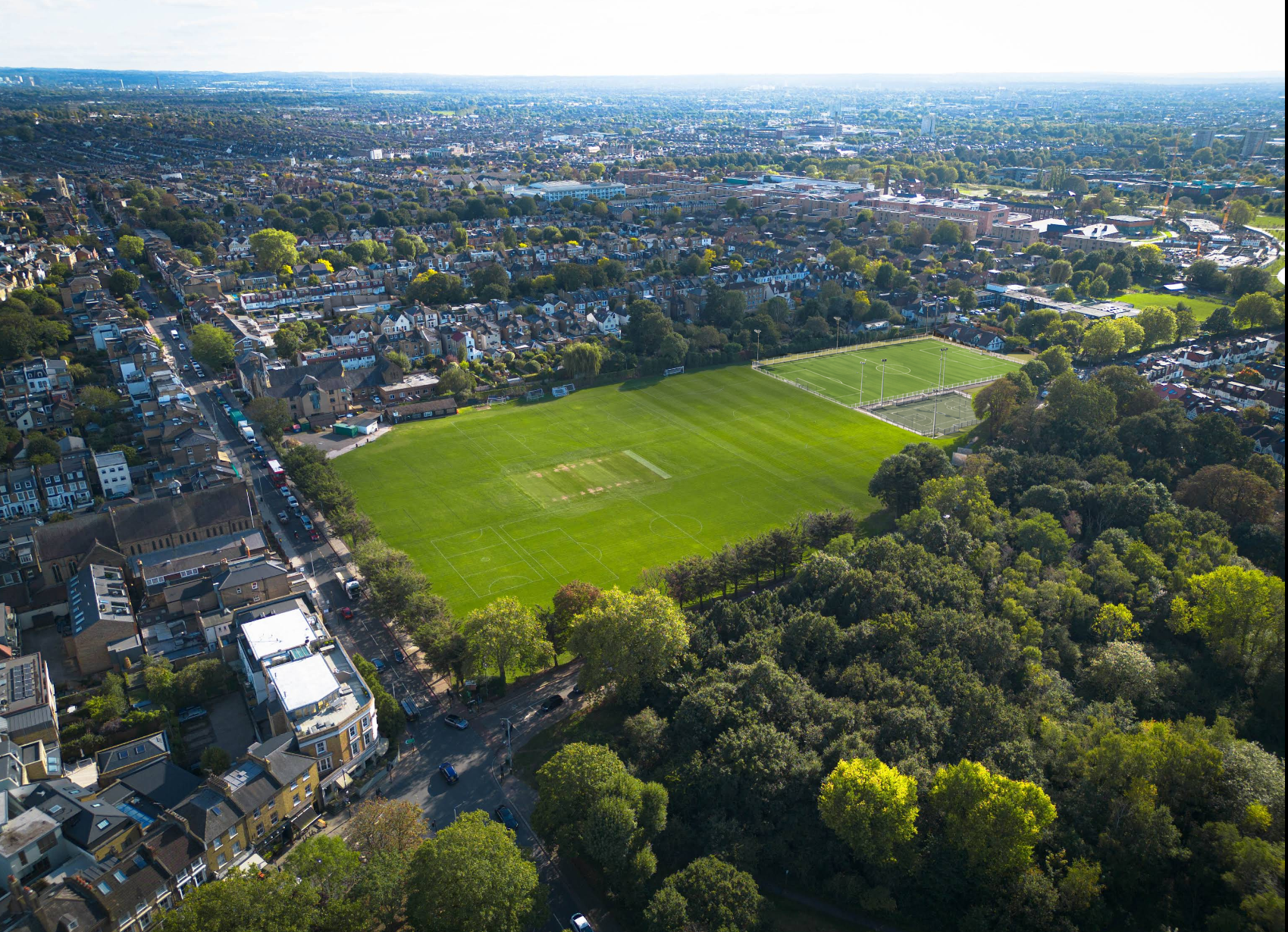 Aerial view showing proposed 3G pitch and MUGA at Beechcroft Road end